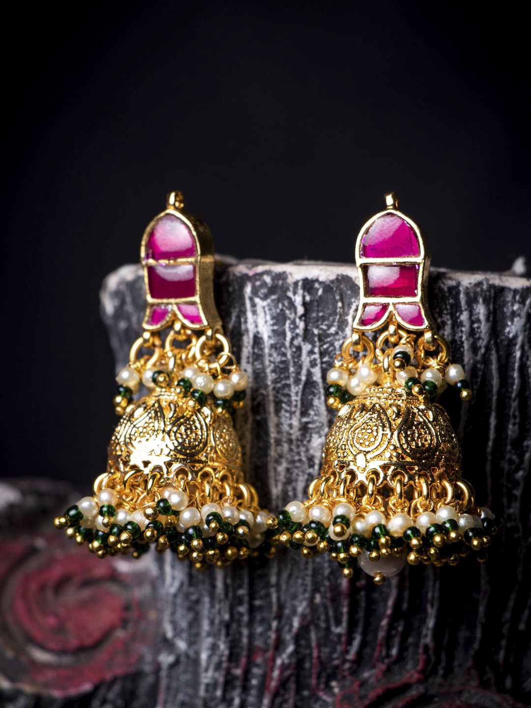 

MORKANTH JEWELLERY Pink & Gold Toned Dome Shaped Jhumkas