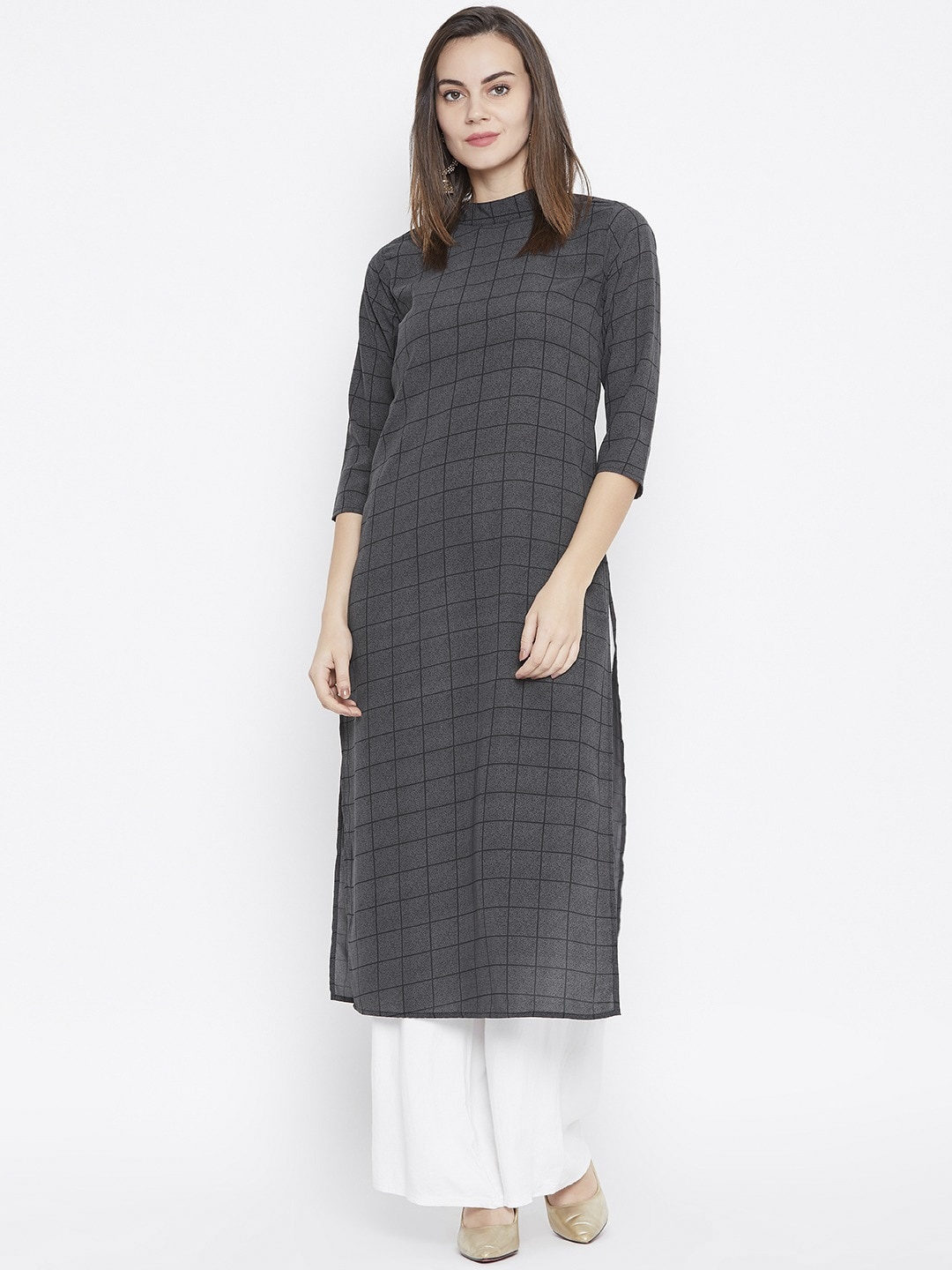 

Cottinfab Women Charcoal Grey & Black Checked Thread Work Kurta