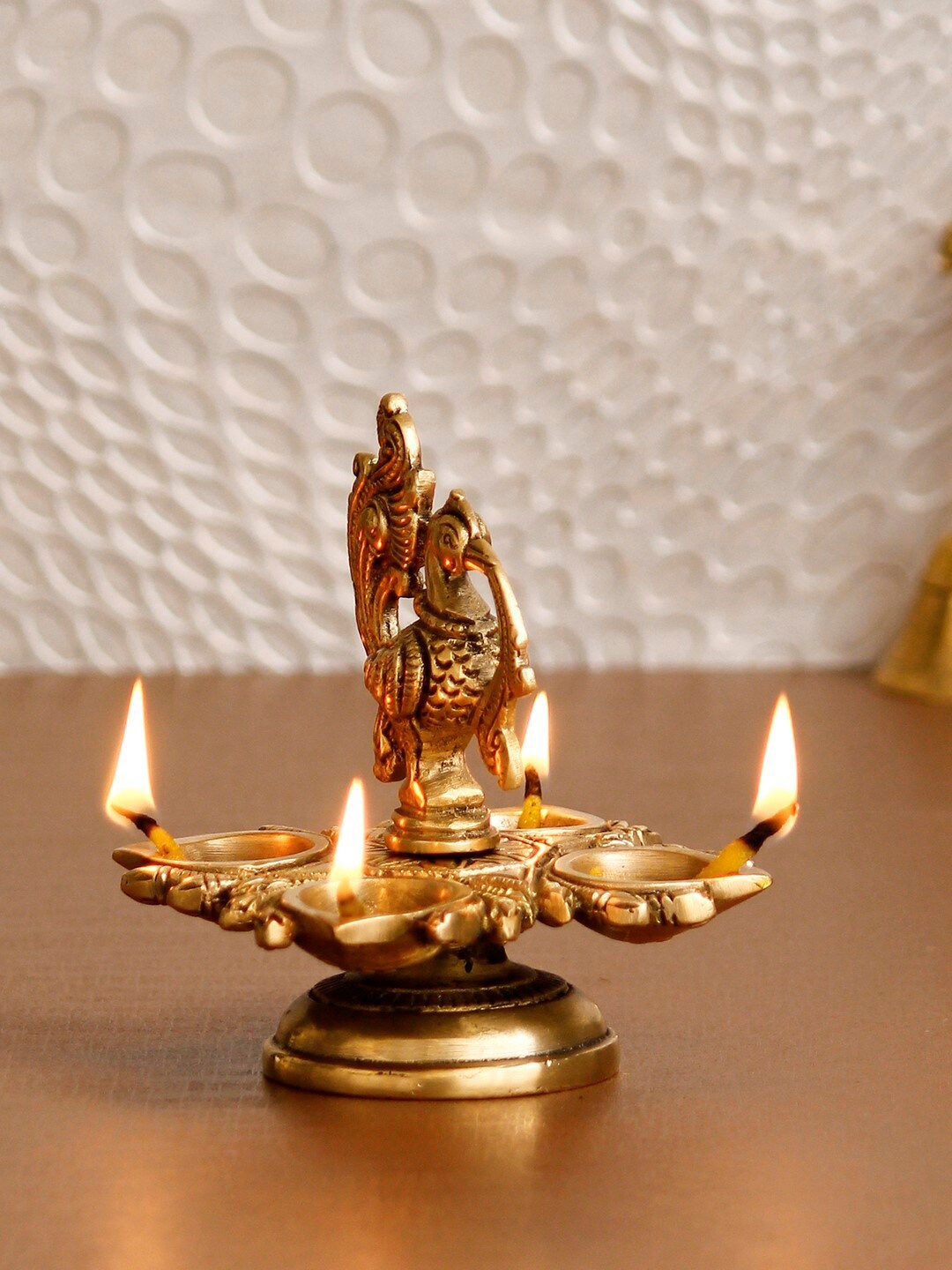 

eCraftIndia Gold-Toned Peacock Diya With 4 Wicks Handcrafted Showpiece