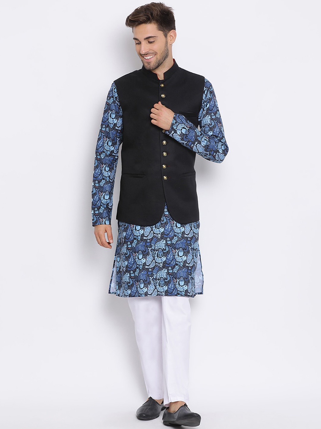 

Hangup Men Blue & White Printed Kurta with Pyjamas & Nehru Jacket
