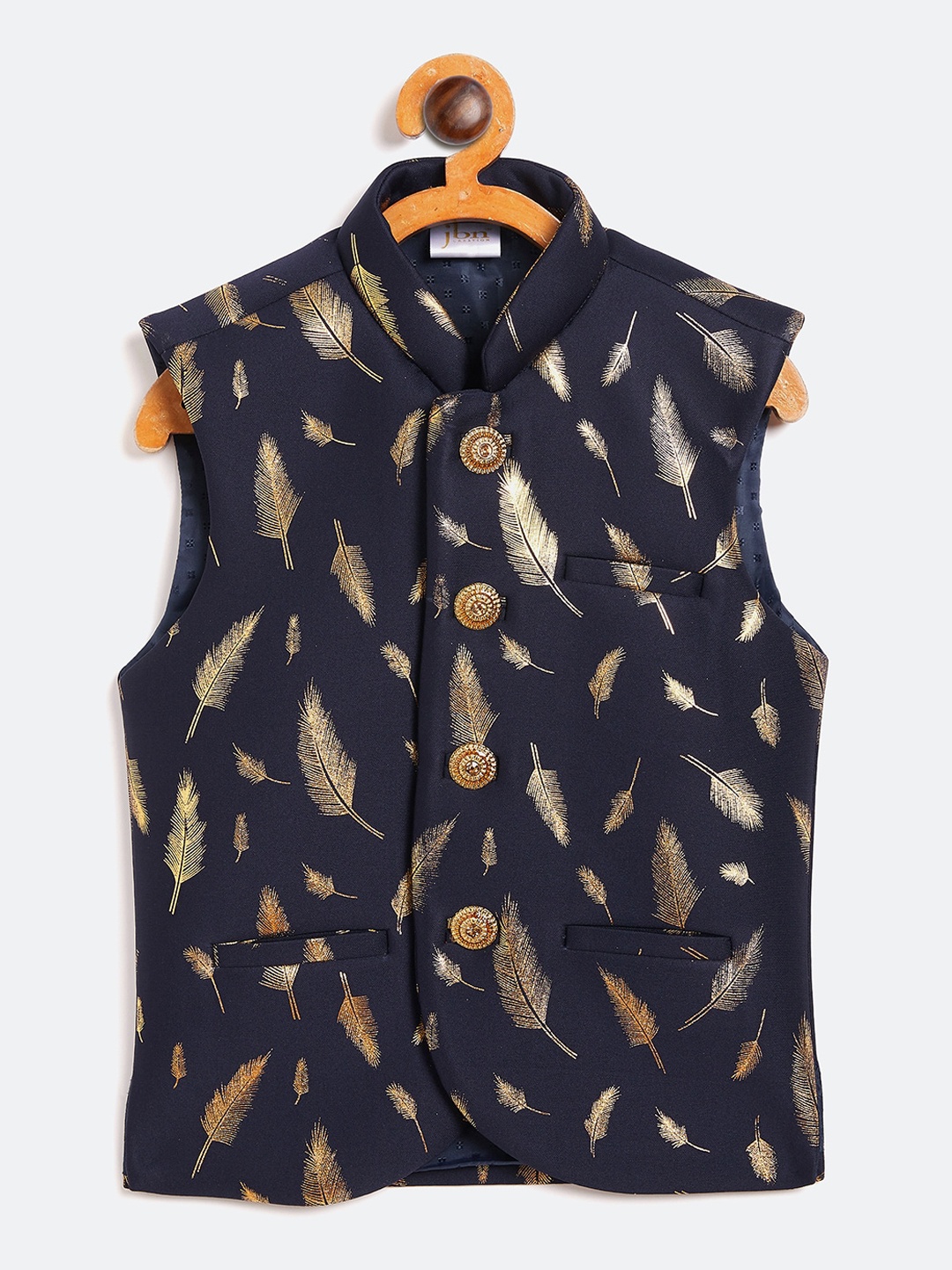 

VASTRAMAY Boys Navy Blue & Gold-Toned Printed Nehru Jacket