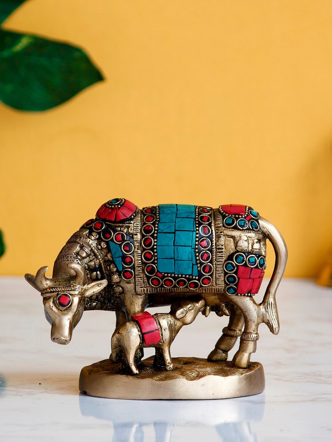 

eCraftIndia Red & Blue Handcrafted Brass Cow Idol Figurine Showpieces, Gold