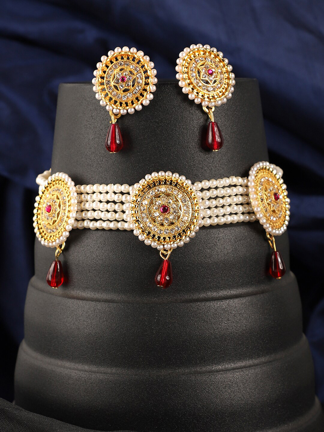 

ANIKAS CREATION Gold-Plated White & Red Pearl Beaded Traditional Jadau Jewellery Set