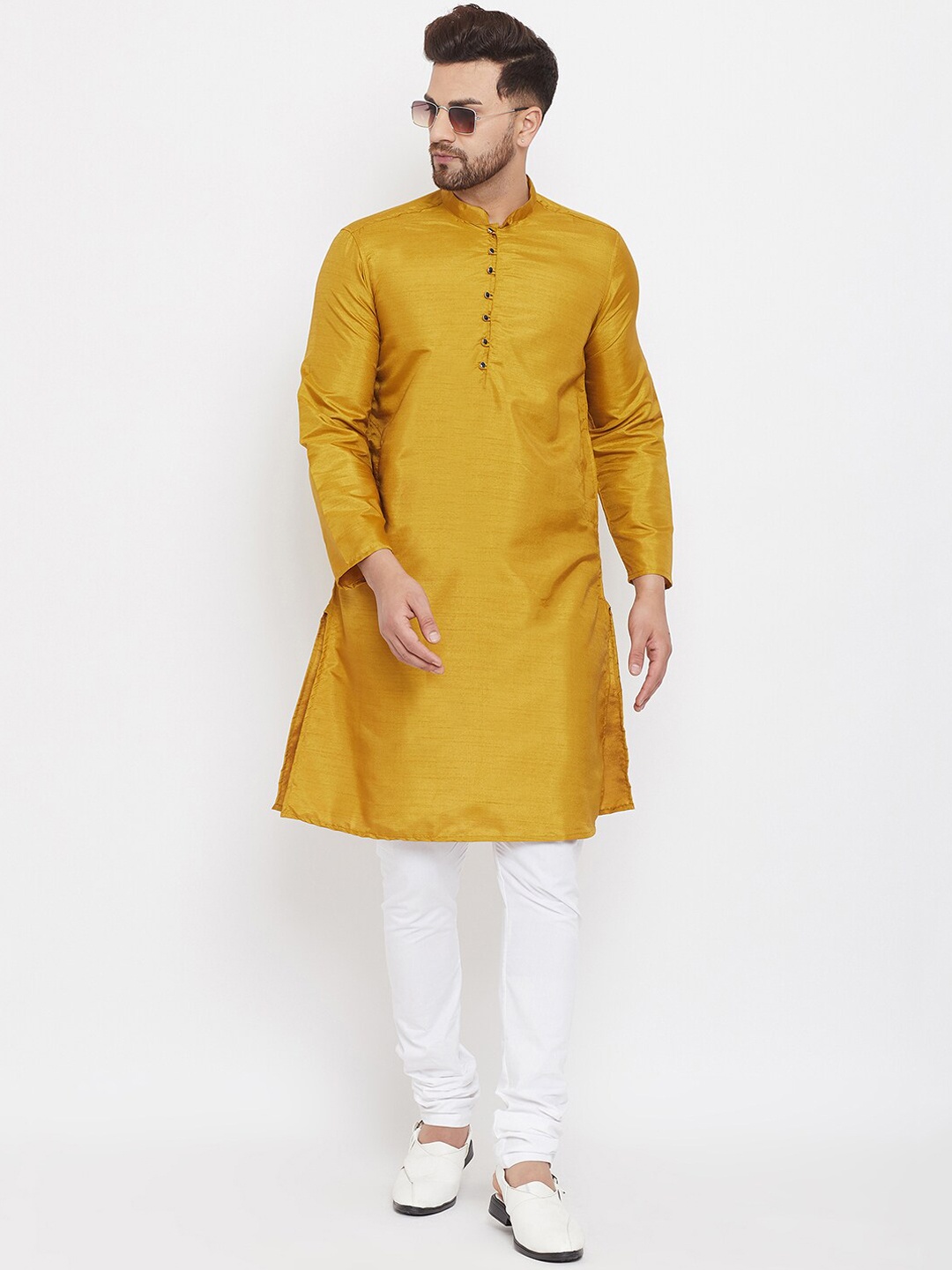 

even Men Mustard Yellow Solid Straight Kurta