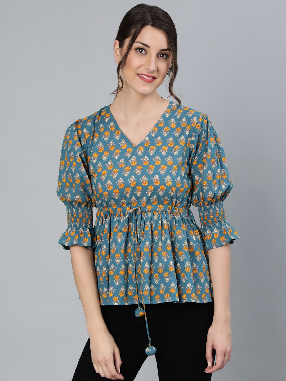 

Nayo Teal Blue & Yellow Floral Printed Bell Sleeves Pure Cotton A-Line Top