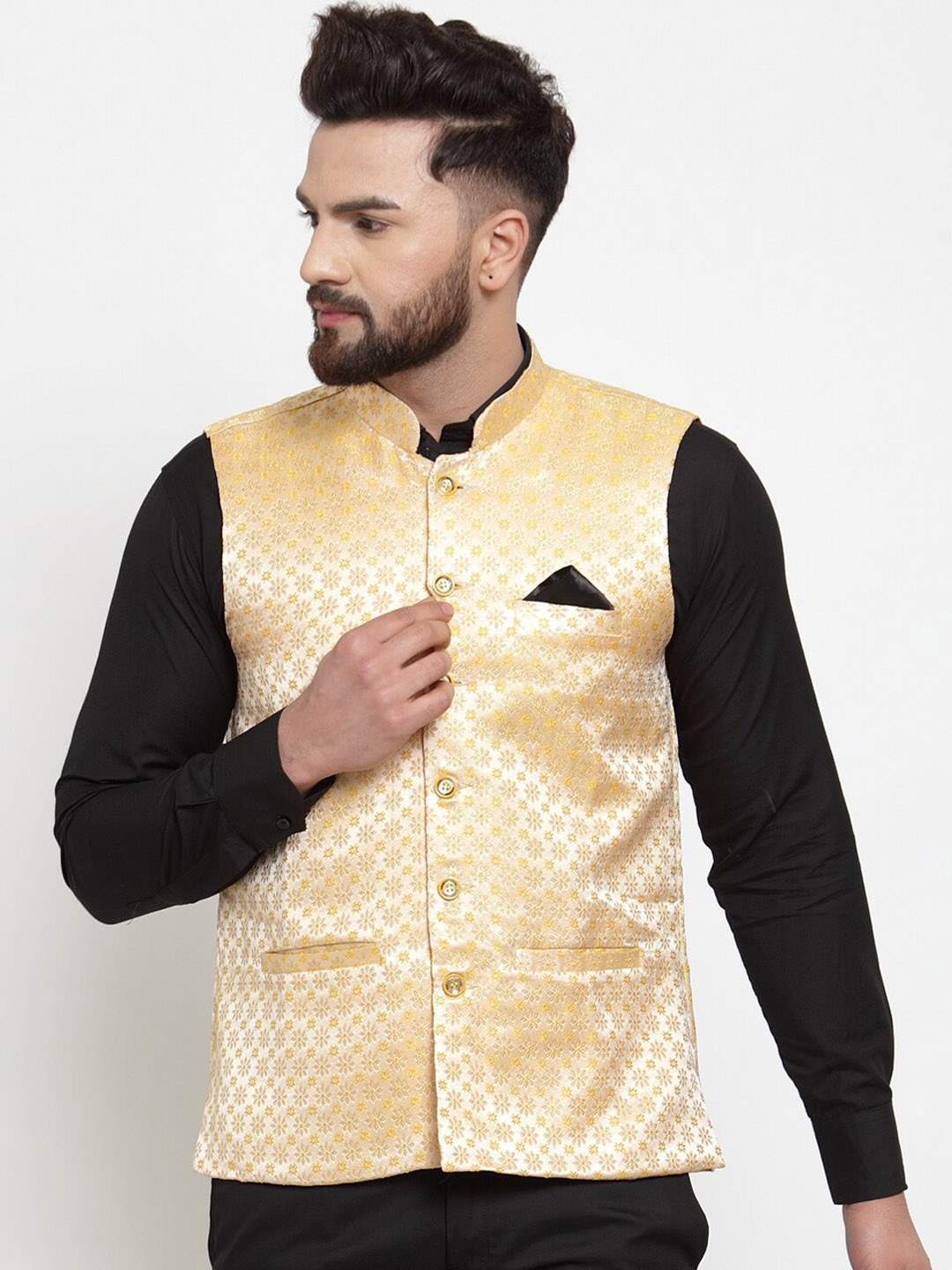 

KLOTTHE Men Beige Woven Design Nehru Jacket