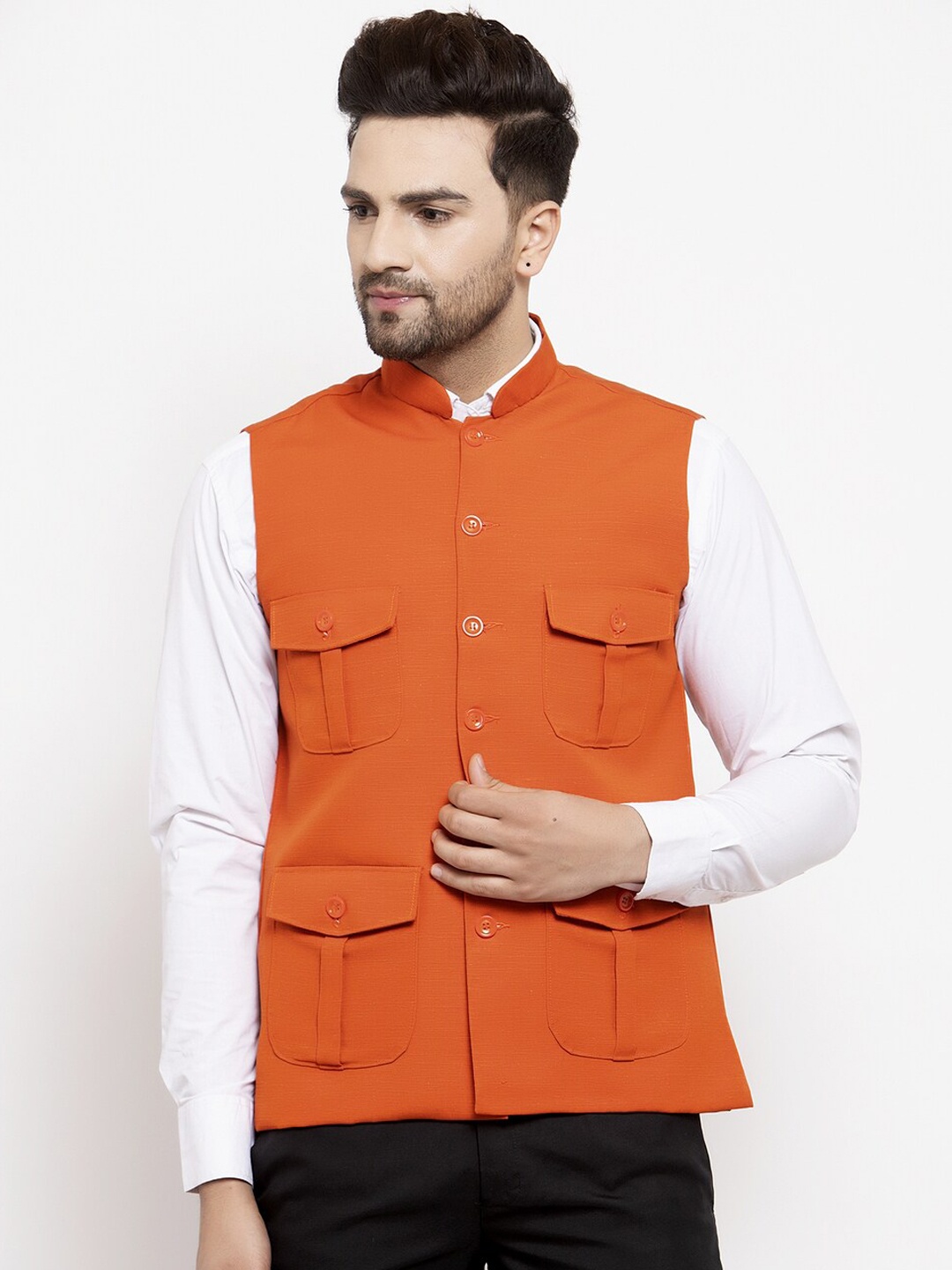 

KLOTTHE Men Orange Solid Cotton Blend Nehru Jacket
