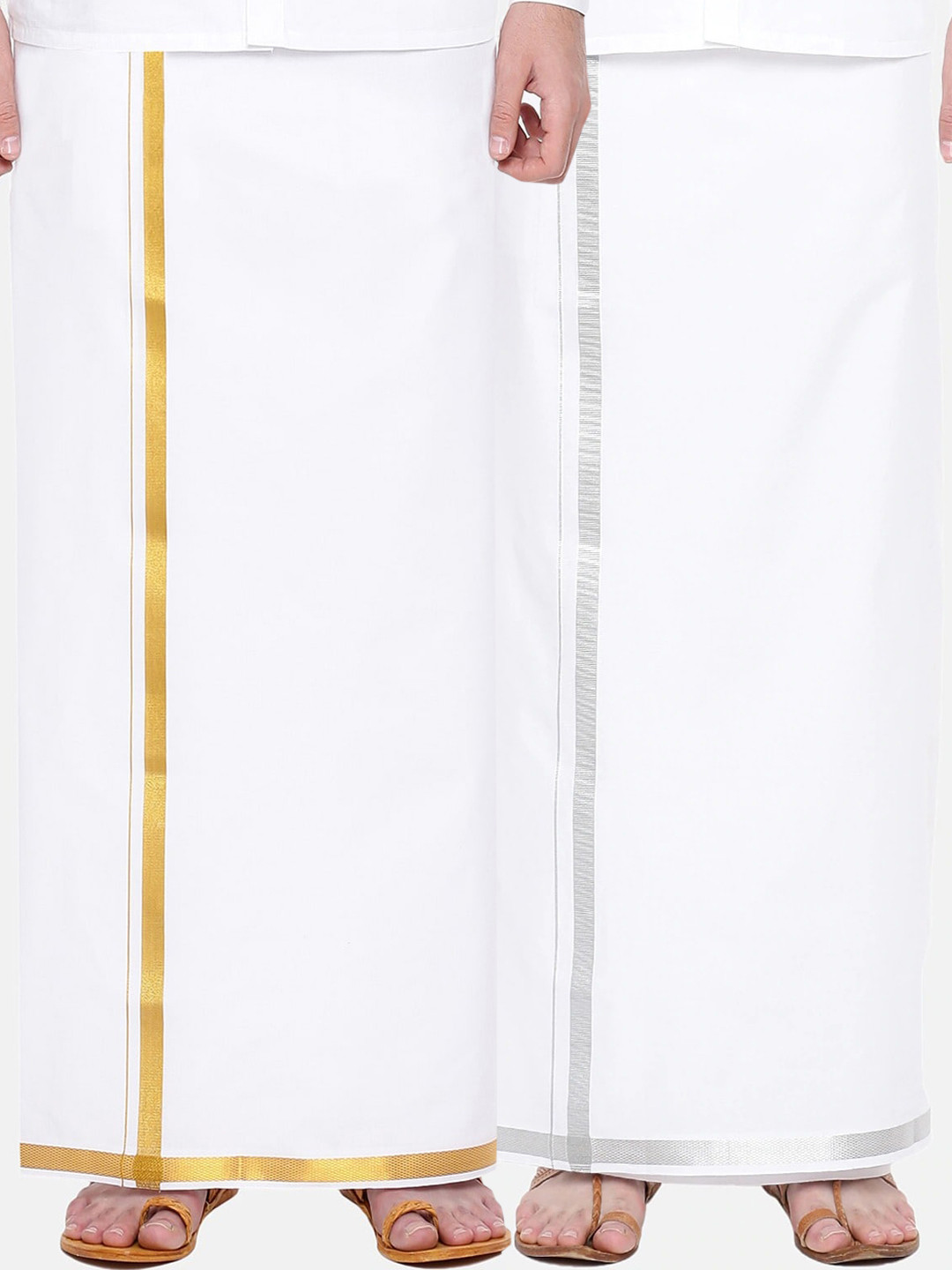 

Ramraj Men Pack of 2 White Pure Cotton Single Layer Dhoti with Gold & Silver Zari Border