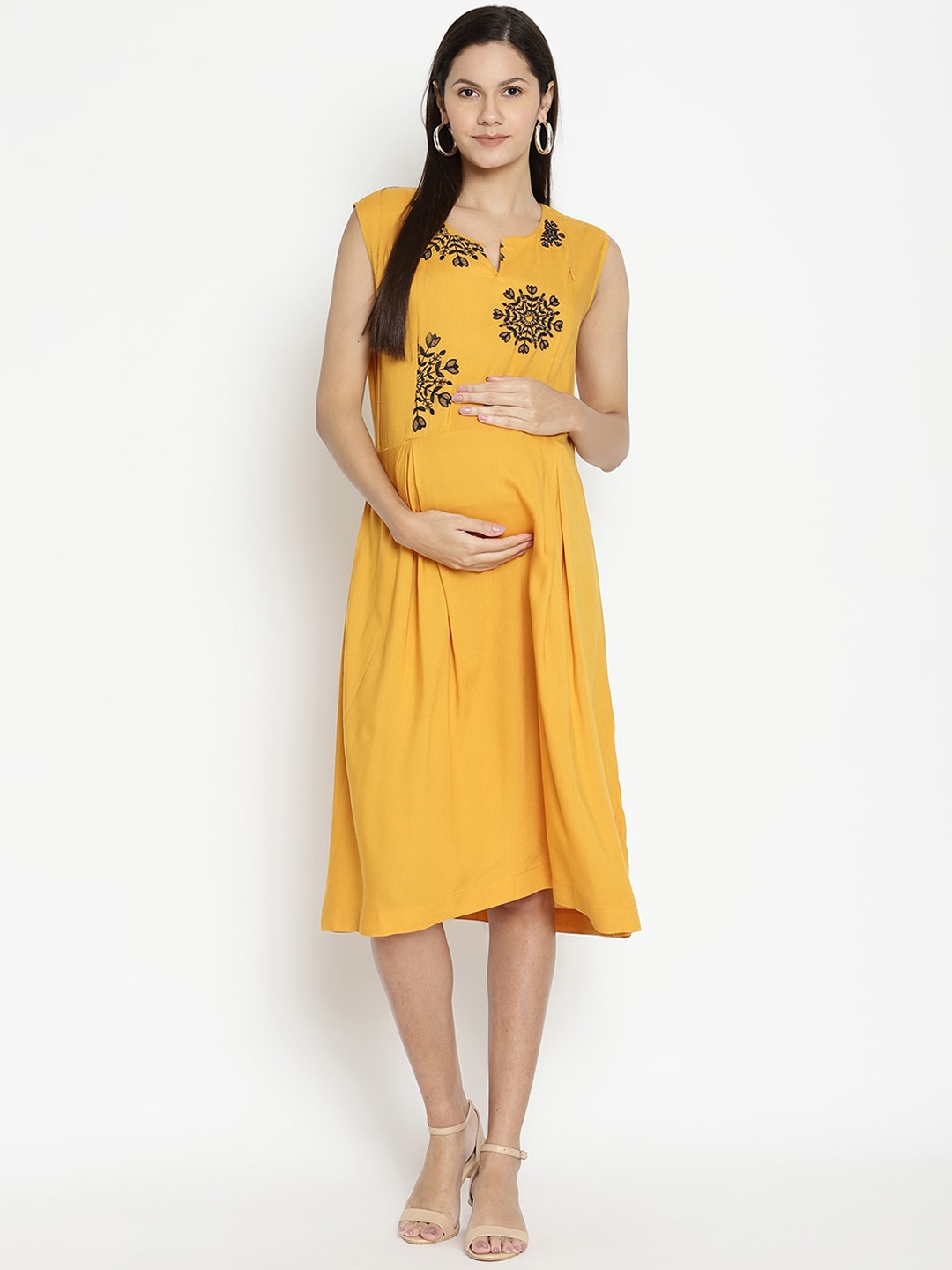 

The Vanca Women Mustard Embroidered A-Line Dress