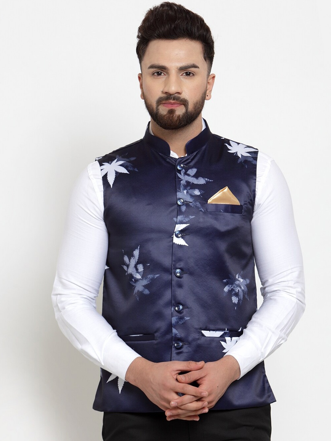 

KLOTTHE Men Navy Blue Printed Polyrayon Nehru Jacket