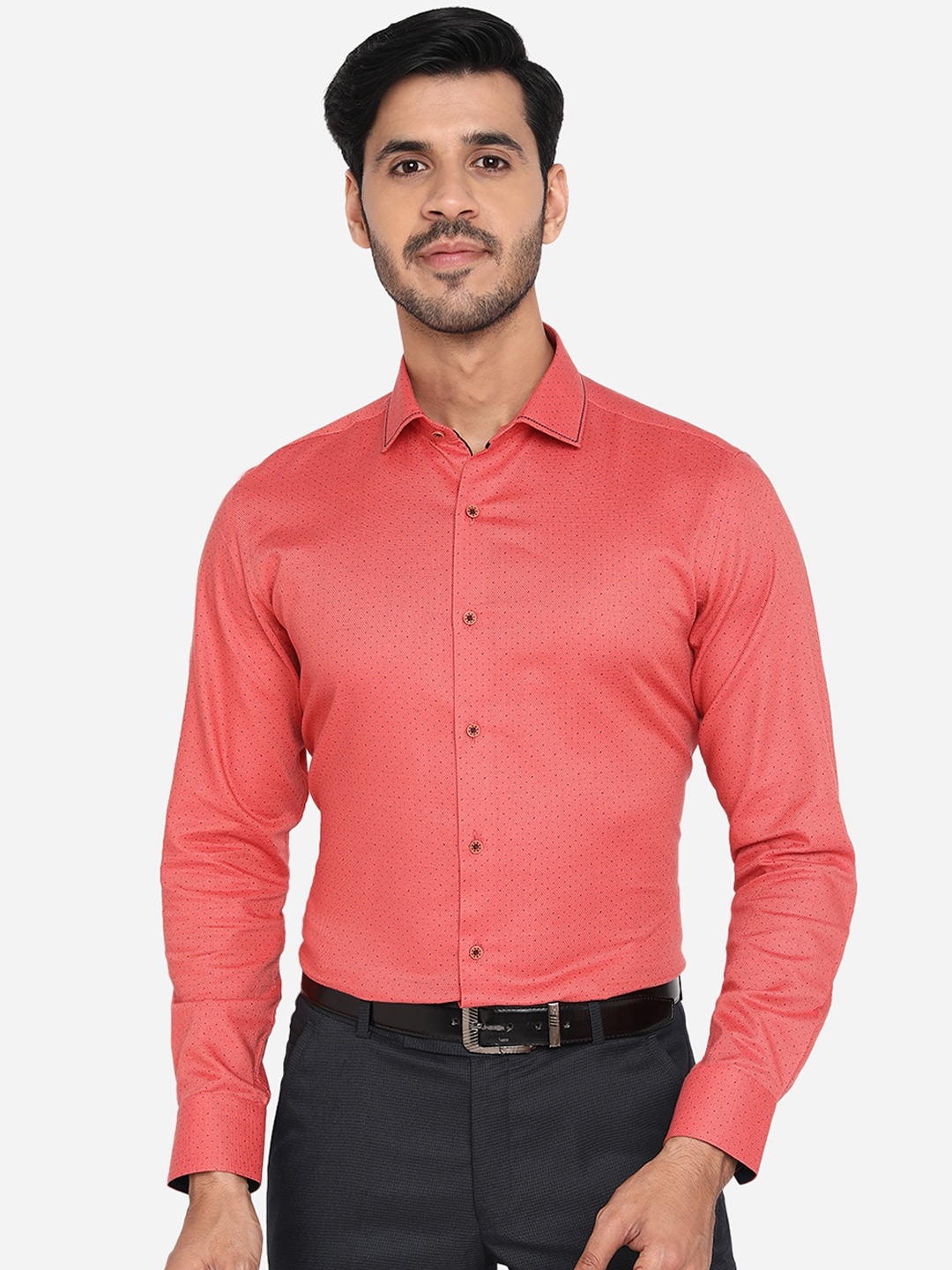 

JB STUDIO Men Coral Red Pure Cotton Slim Fit Printed Formal Shirt