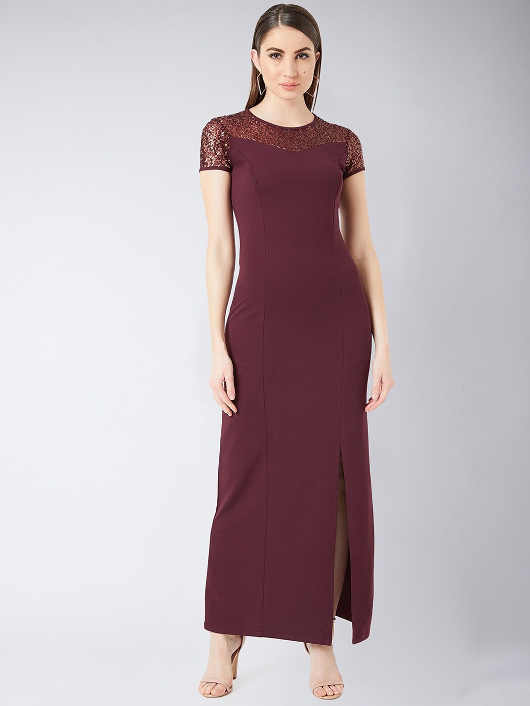 

Miss Chase Women Maroon Solid Sequinned Detail Maxi Dress