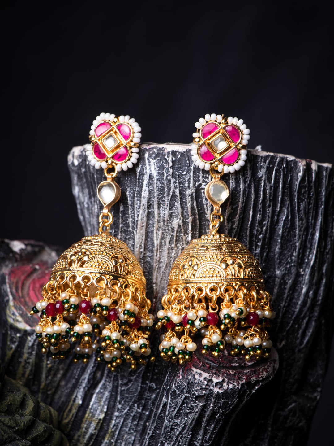 

MORKANTH JEWELLERY Pink & Gold Toned Dome Shaped Jhumkas