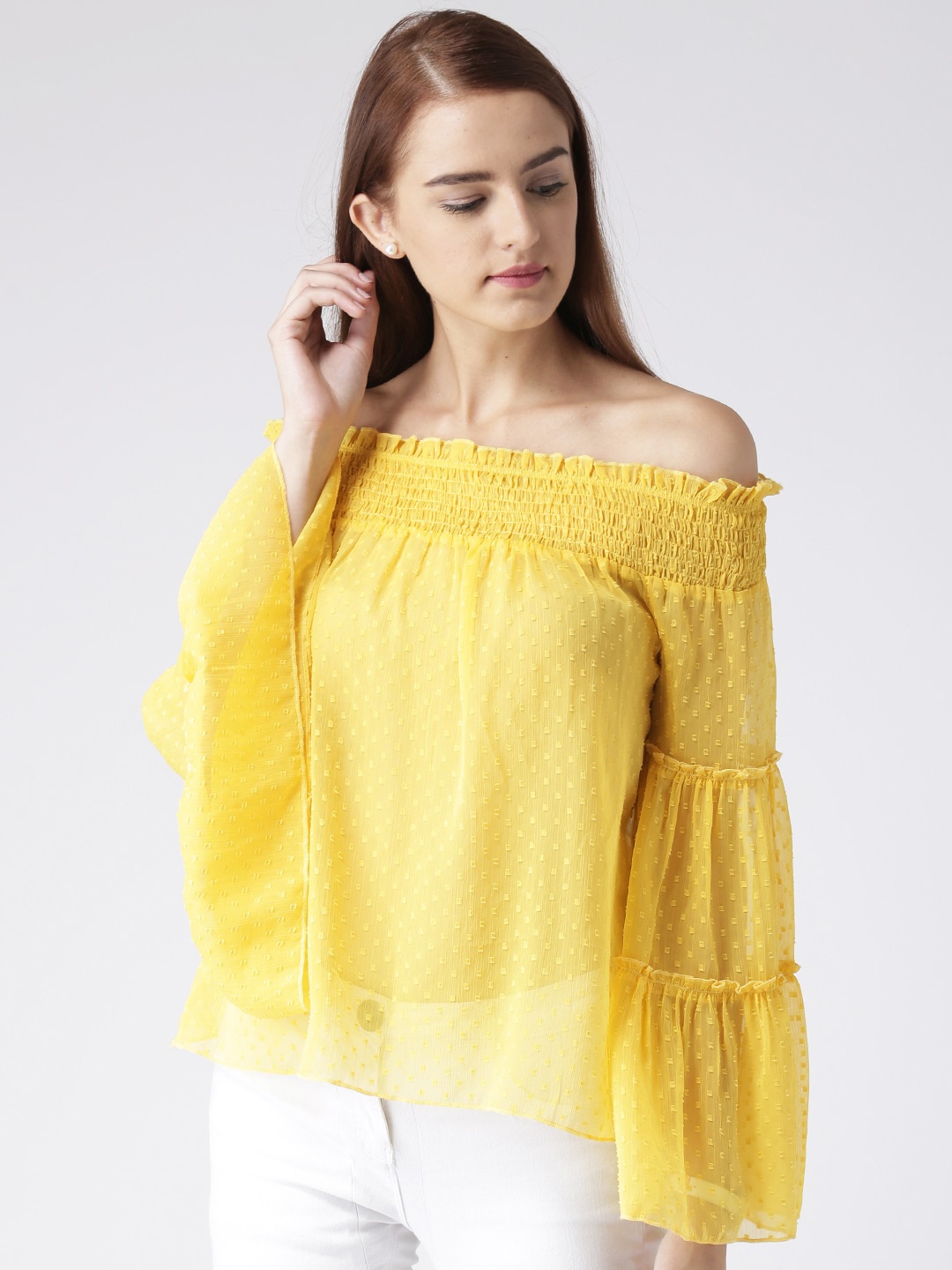 

KASSUALLY Yellow Self Design Semi Sheer Off-Shoulder Bell Sleeves Bardot Top