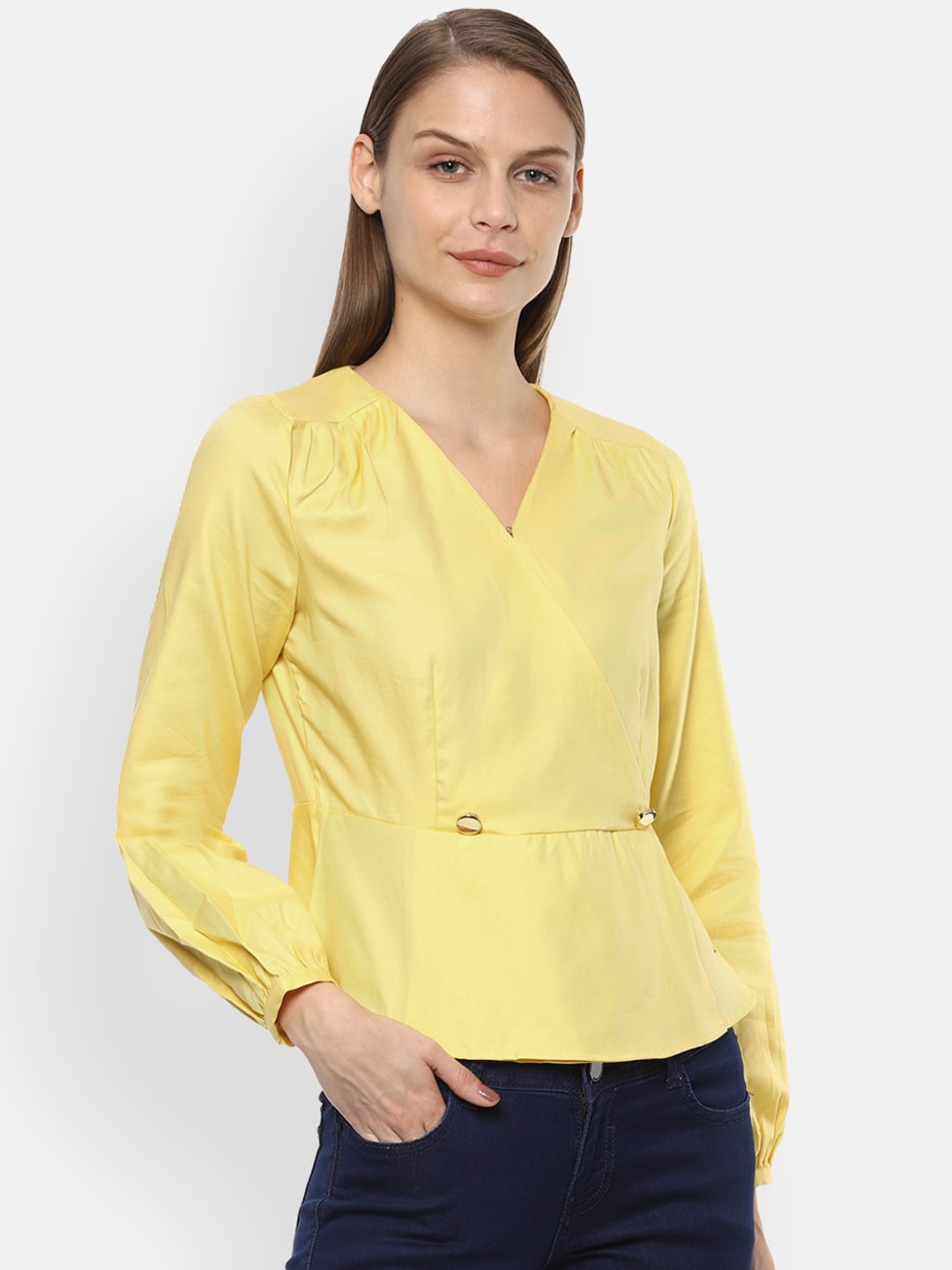 

Van Heusen Woman Yellow Puff Sleeves Pure Cotton Wrap Top