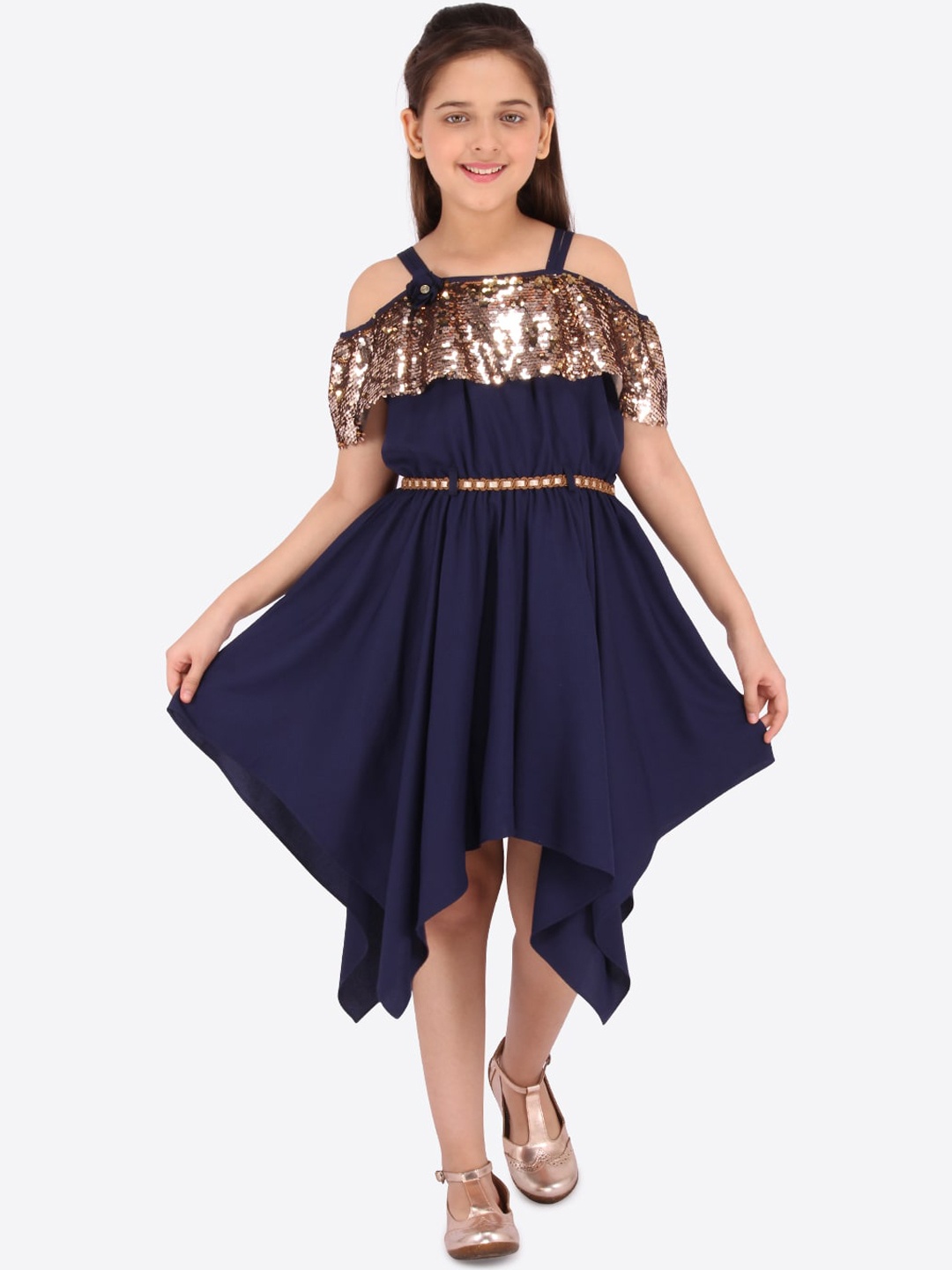 

CUTECUMBER Girls Navy Blue Embellished Fit and Flare Dress