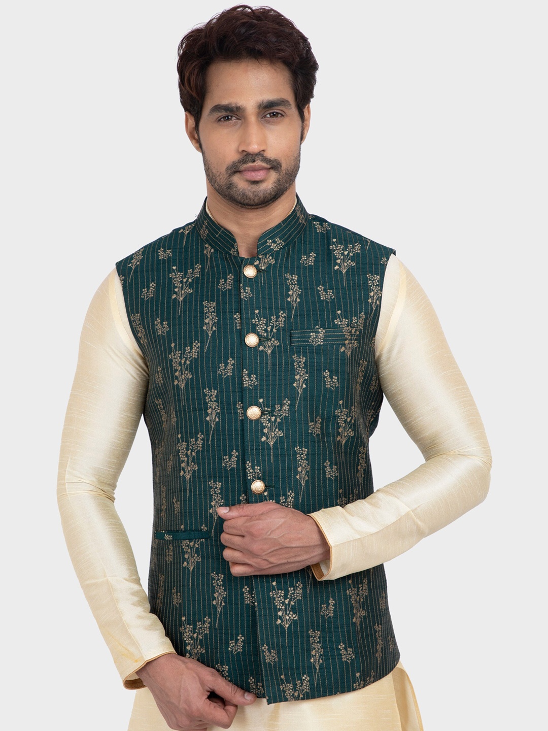 

N Dot Men Green & Beige Embroidered Woven Nehru Jacket