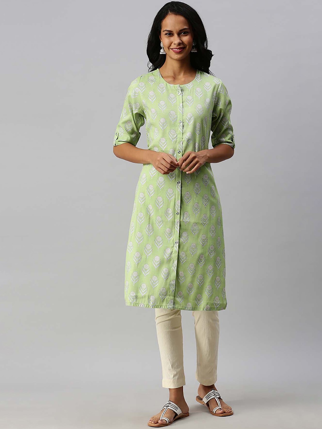

Soch Women Green & White Ethnic Motifs Printed Kurta