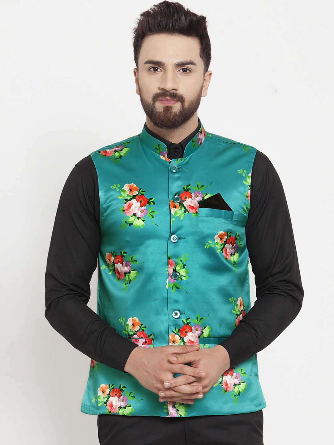 

Klotthe Men Teal Green & Red Printed Nehru Jacket