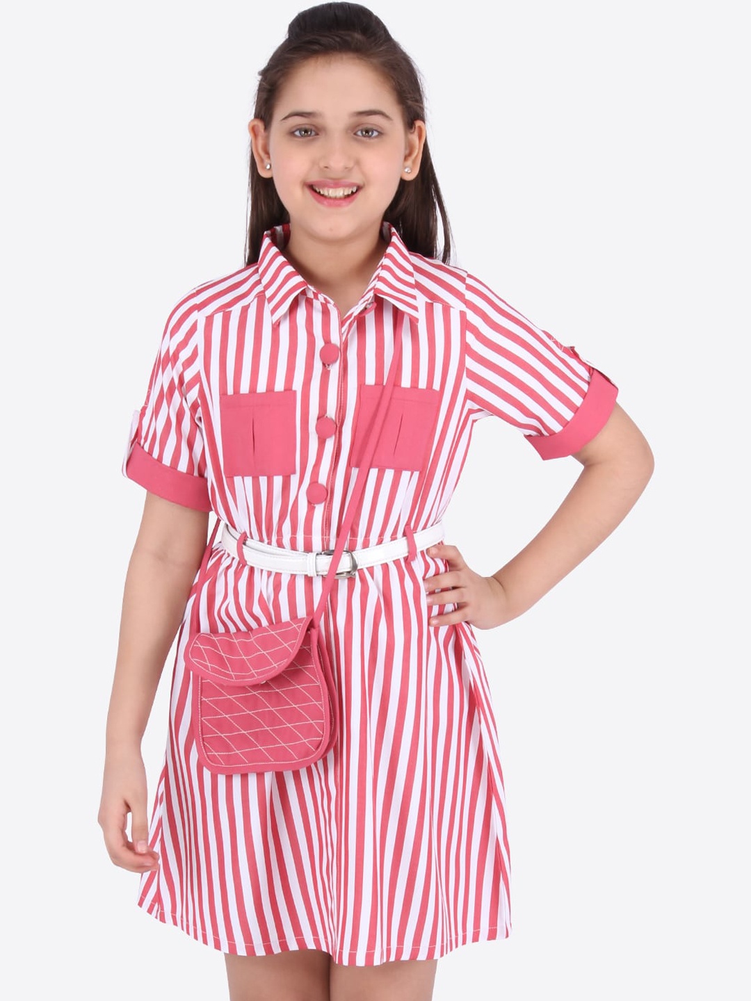 

CUTECUMBER Girls Pink & White Striped Shirt Dress with Belt & Sling Bag
