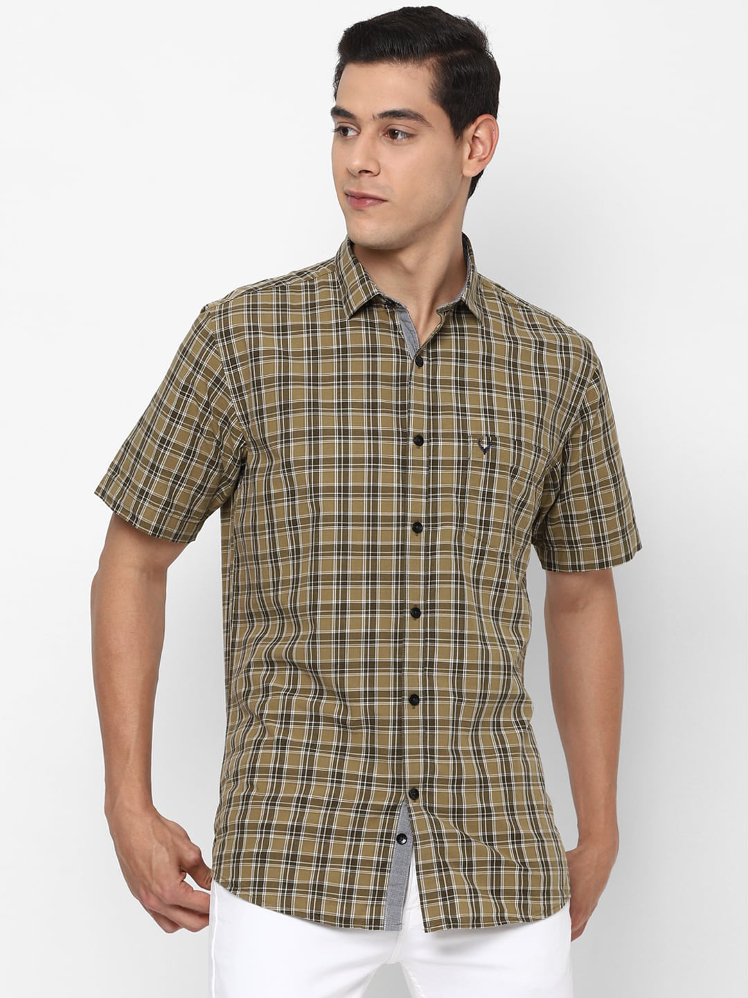 

Allen Solly Men Olive Green & White Slim Fit Checked Cotton-Linen Casual Shirt