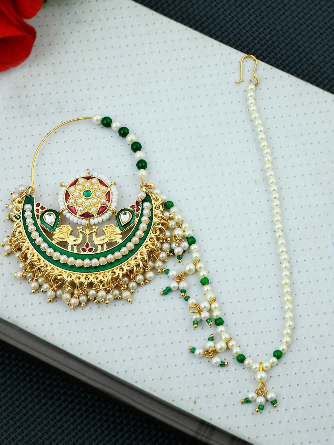 

Silvermerc Designs Gold-Toned & White Studded Pearl Beaded Rajputi Bridal Nose Ring