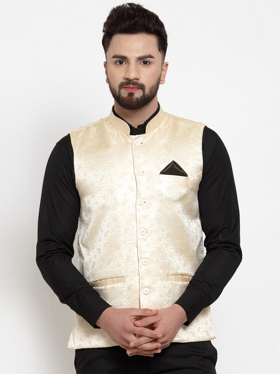 

KLOTTHE Men Beige Woven Design Silk Blend Nehru Jacket