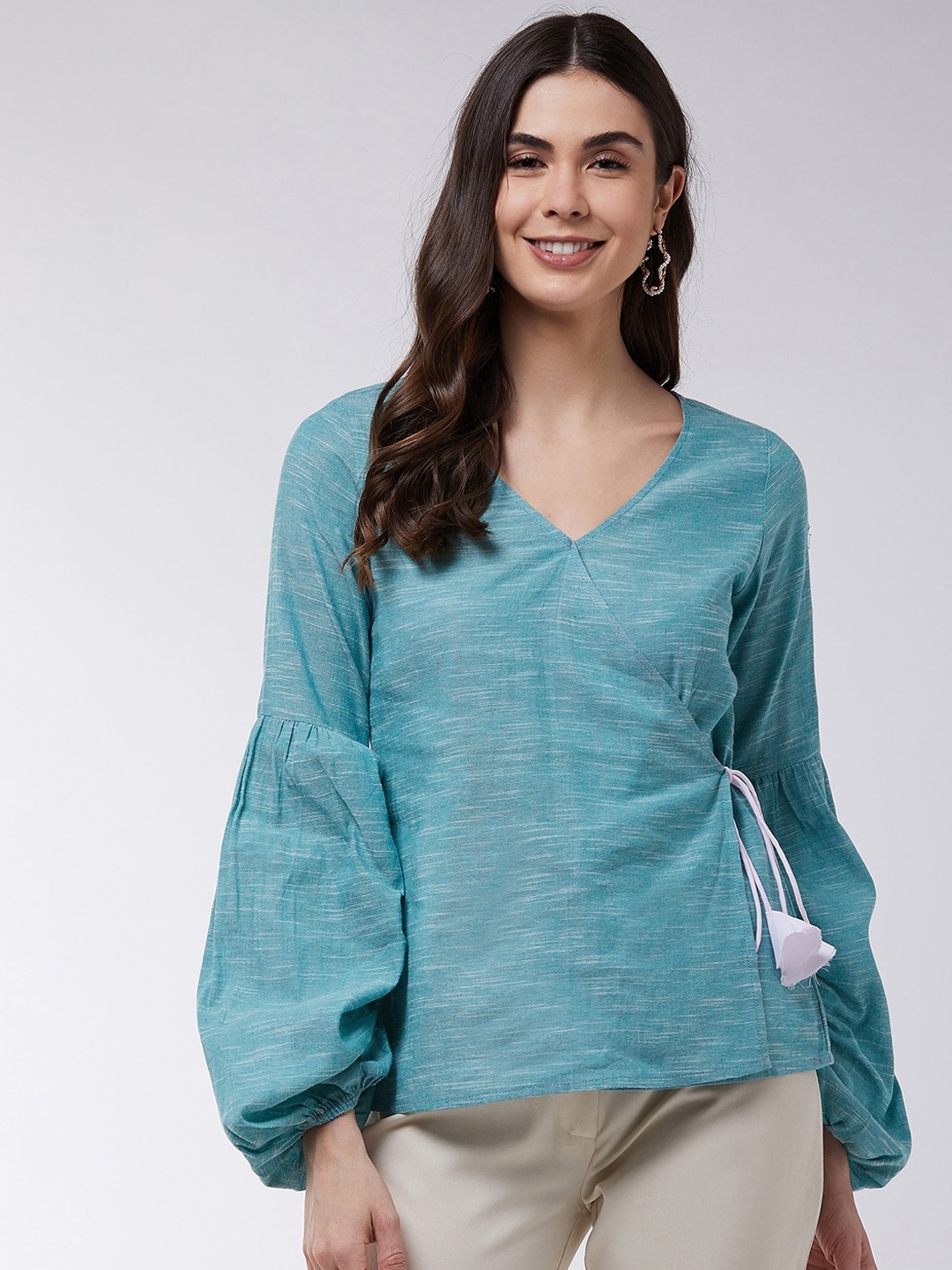 

Pannkh Green Puff Sleeves Pure Cotton Wrap Top