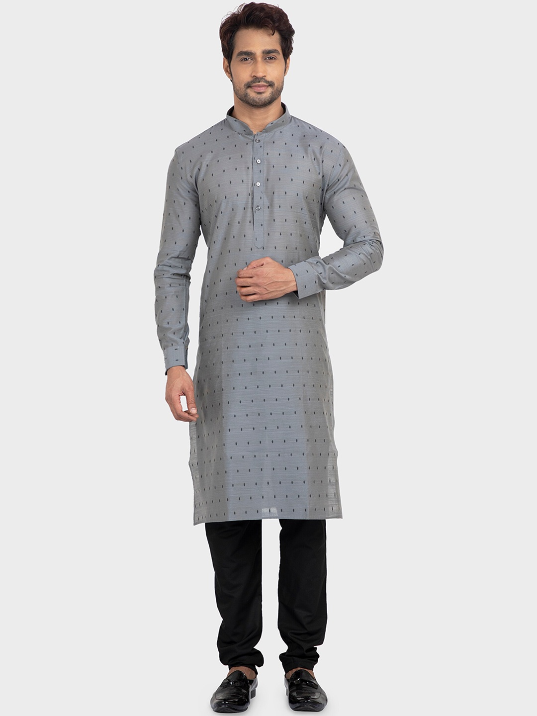 

N Dot Men Grey & Black Woven Design Kurta with Churidar
