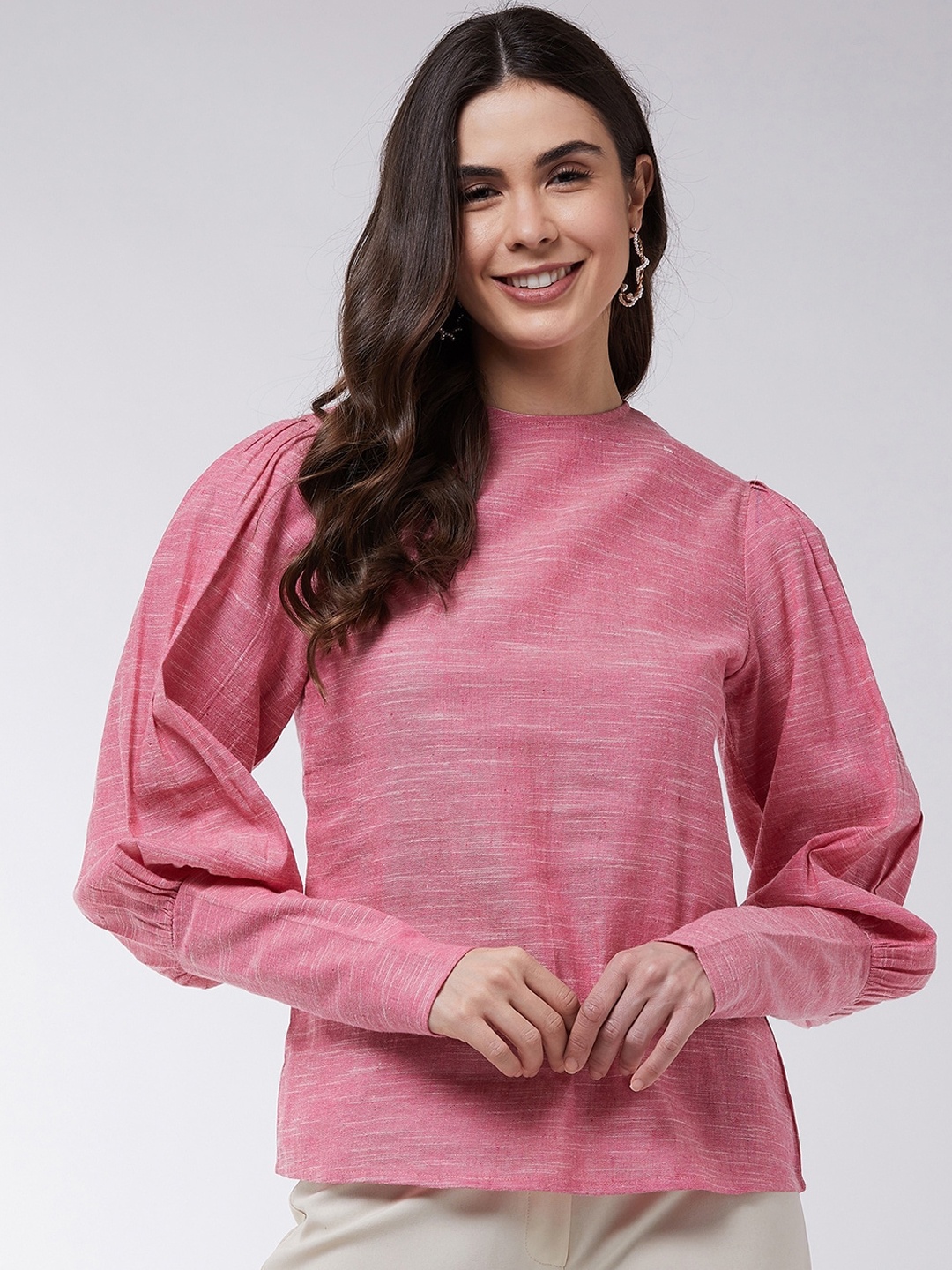 Pannkh Pink Puff Sleeves Pure Cotton Regular Top