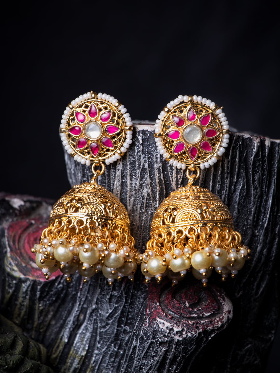 

MORKANTH JEWELLERY Pink & Gold Toned Dome Shaped Jhumkas
