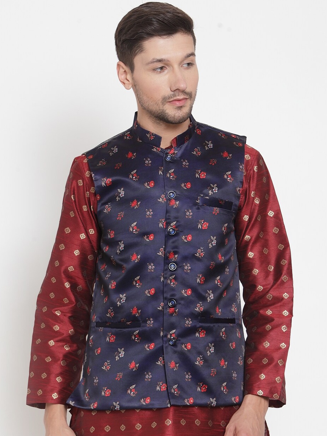 

KLOTTHE Men Navy Blue Printed Nehru Jacket