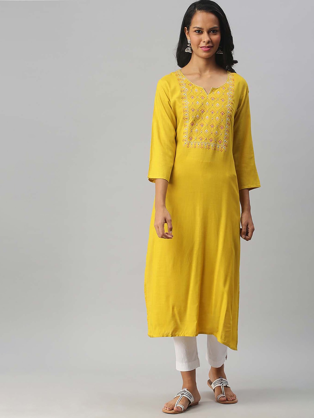 

Soch Women Yellow & White Geometric Embroidered Thread Work Kurta