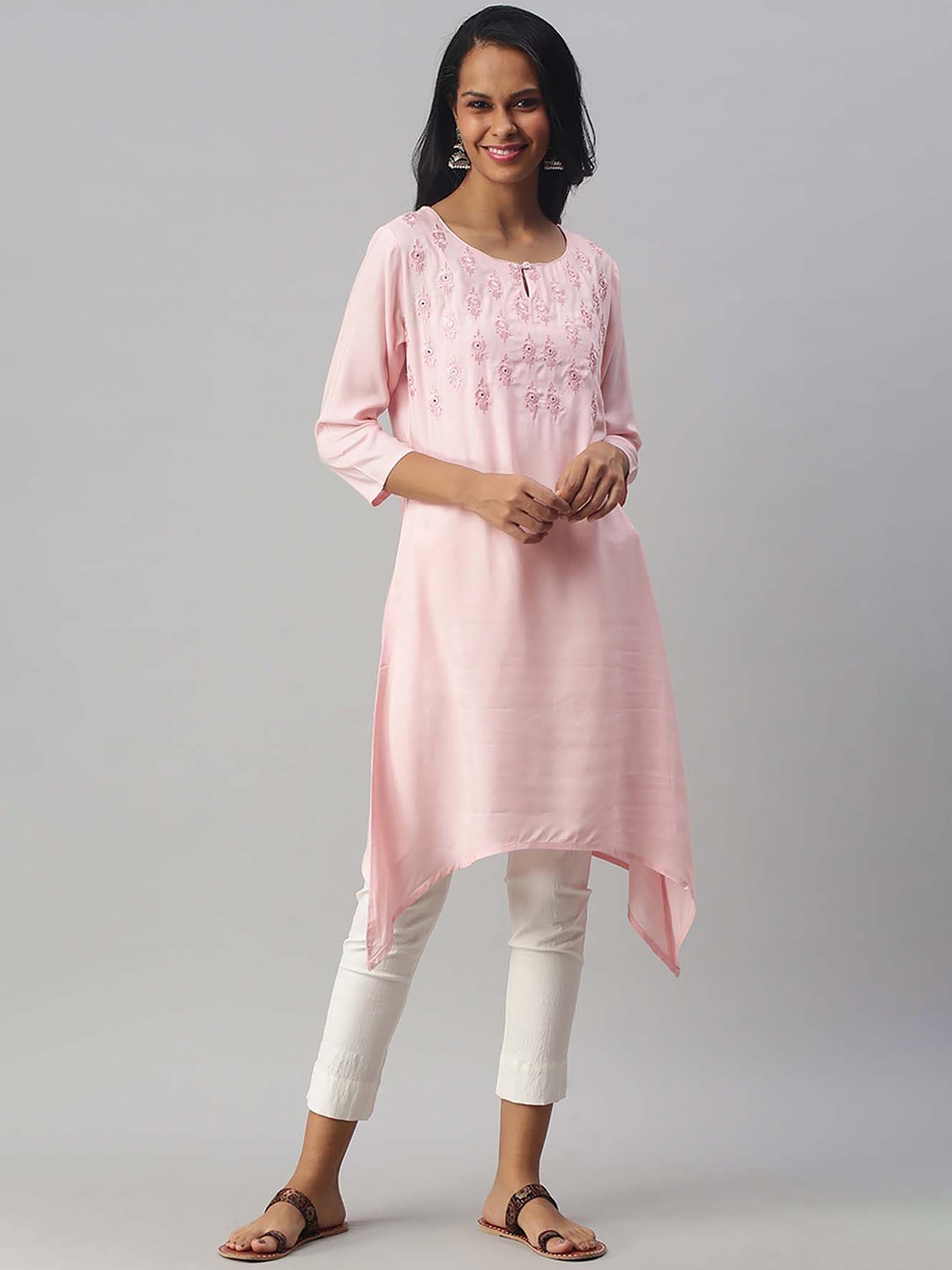 

Soch Women Pink Yoke Design Keyhole Neck Thread Work Kurta