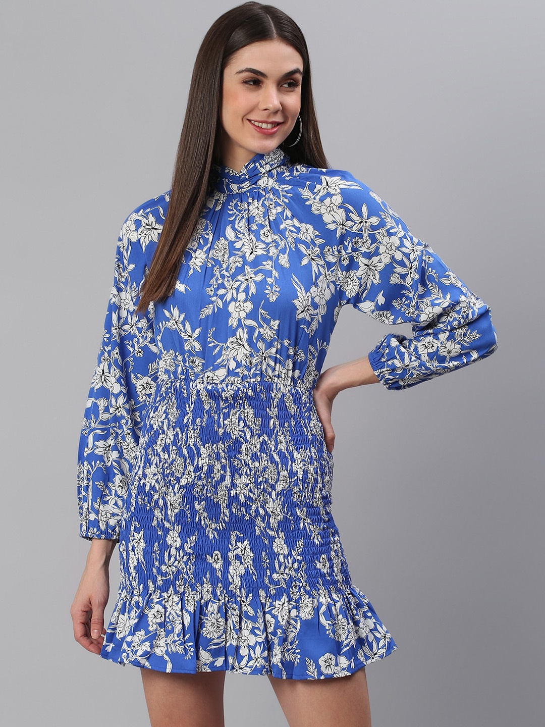 

Cation Women Blue & White Printed Smocked Sheath Dress