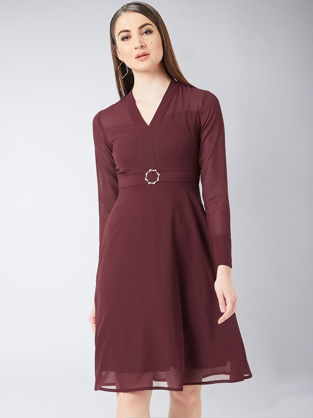 

Miss Chase Women Maroon Solid Belted A-Line Dress
