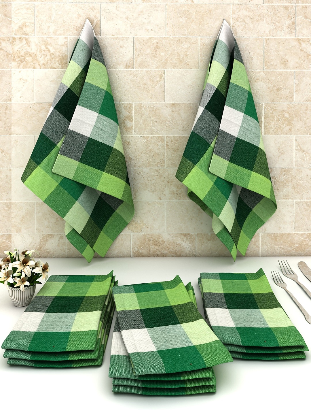 

Athom Trendz Set Of 12 Checked Cotton Multipurpose Kitchen Towels, Green