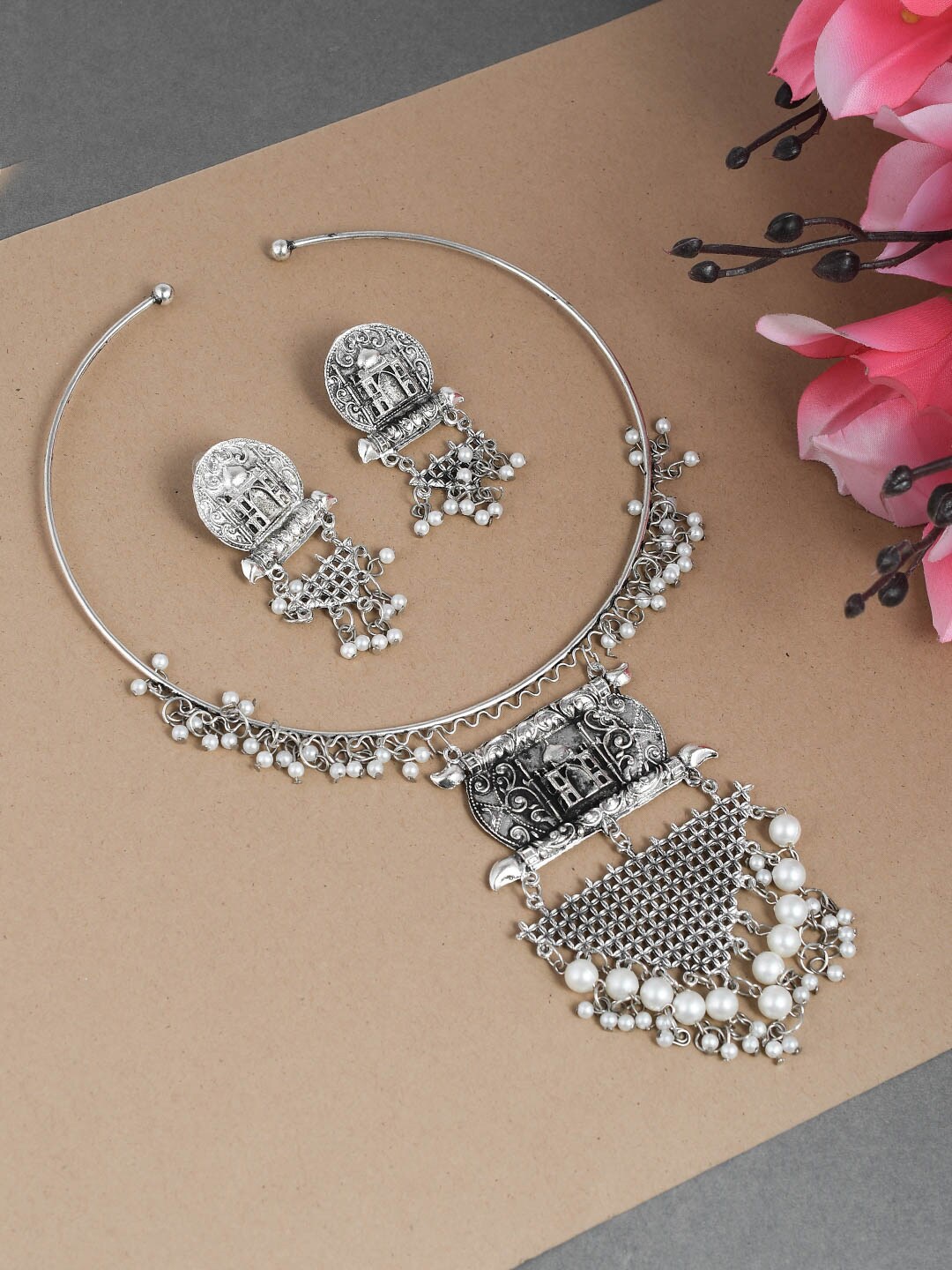 

Silvermerc Designs Oxidised Silver-Plated White Beaded Jewellery Set