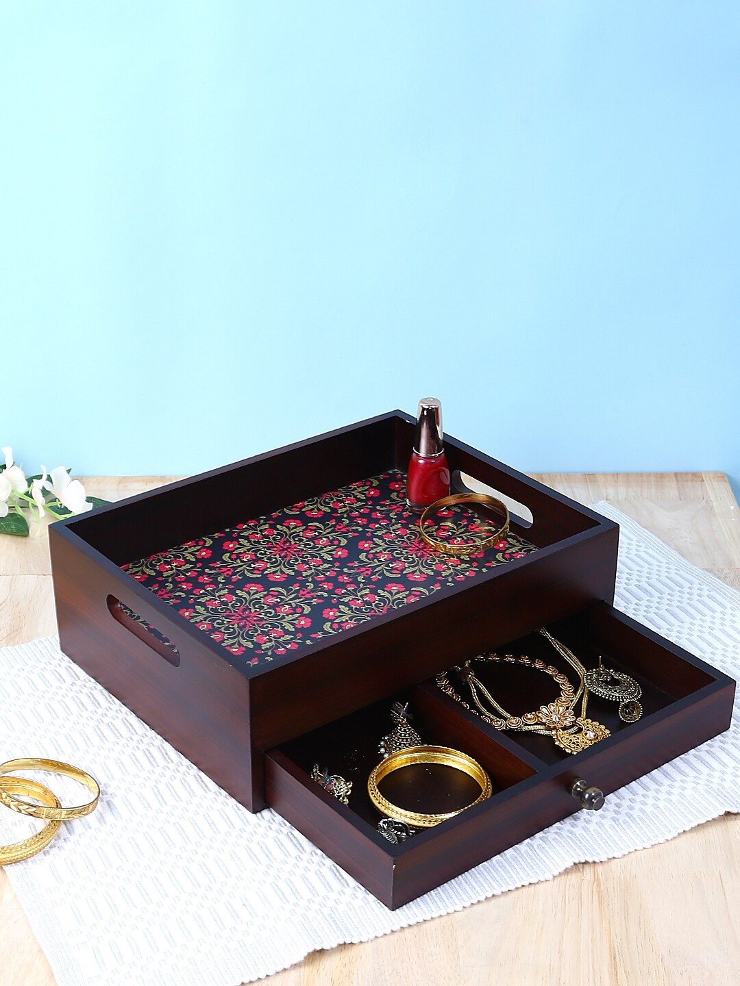 Reinvention Factory Brown & Pink Flower Ornament Digital Printed Handcrafted Multi-Utility Organiser Tray With Drawer