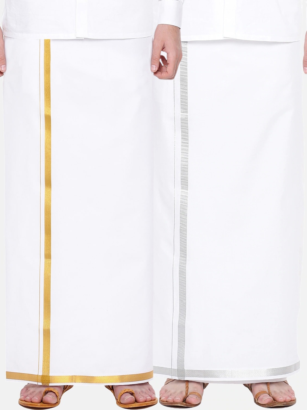 

Ramraj Men White Pure Cotton Single Layer Dhoti with Silver & Gold Zari Border Pack of 2