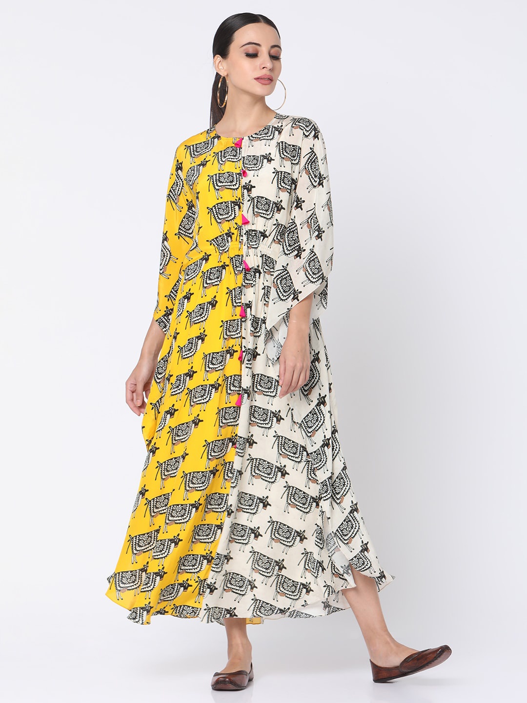 

Masaba Women Off-White & Yellow Cow Print Kaftan Dress