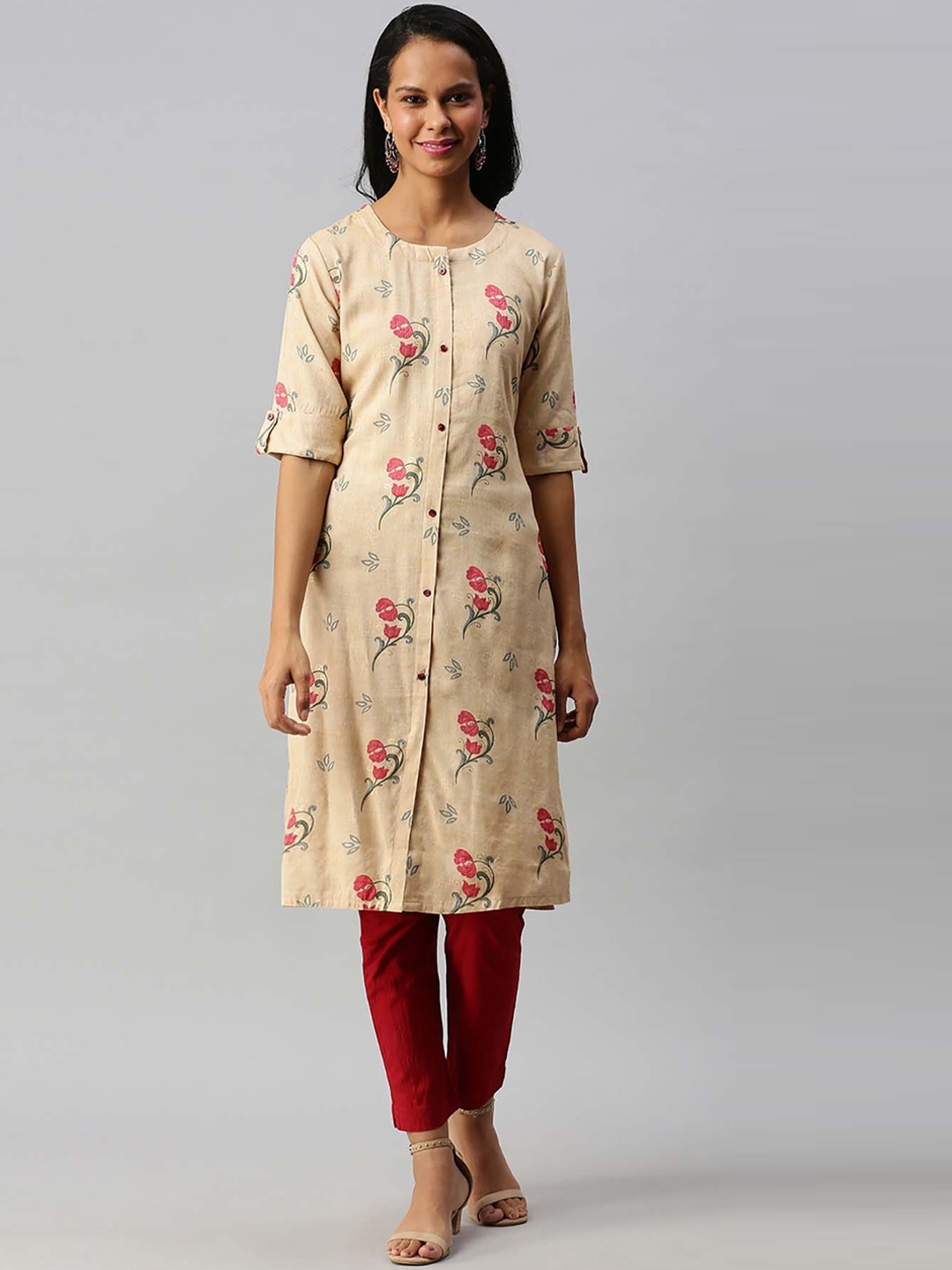 

Soch Women Beige & Red Floral Printed Floral Kurta