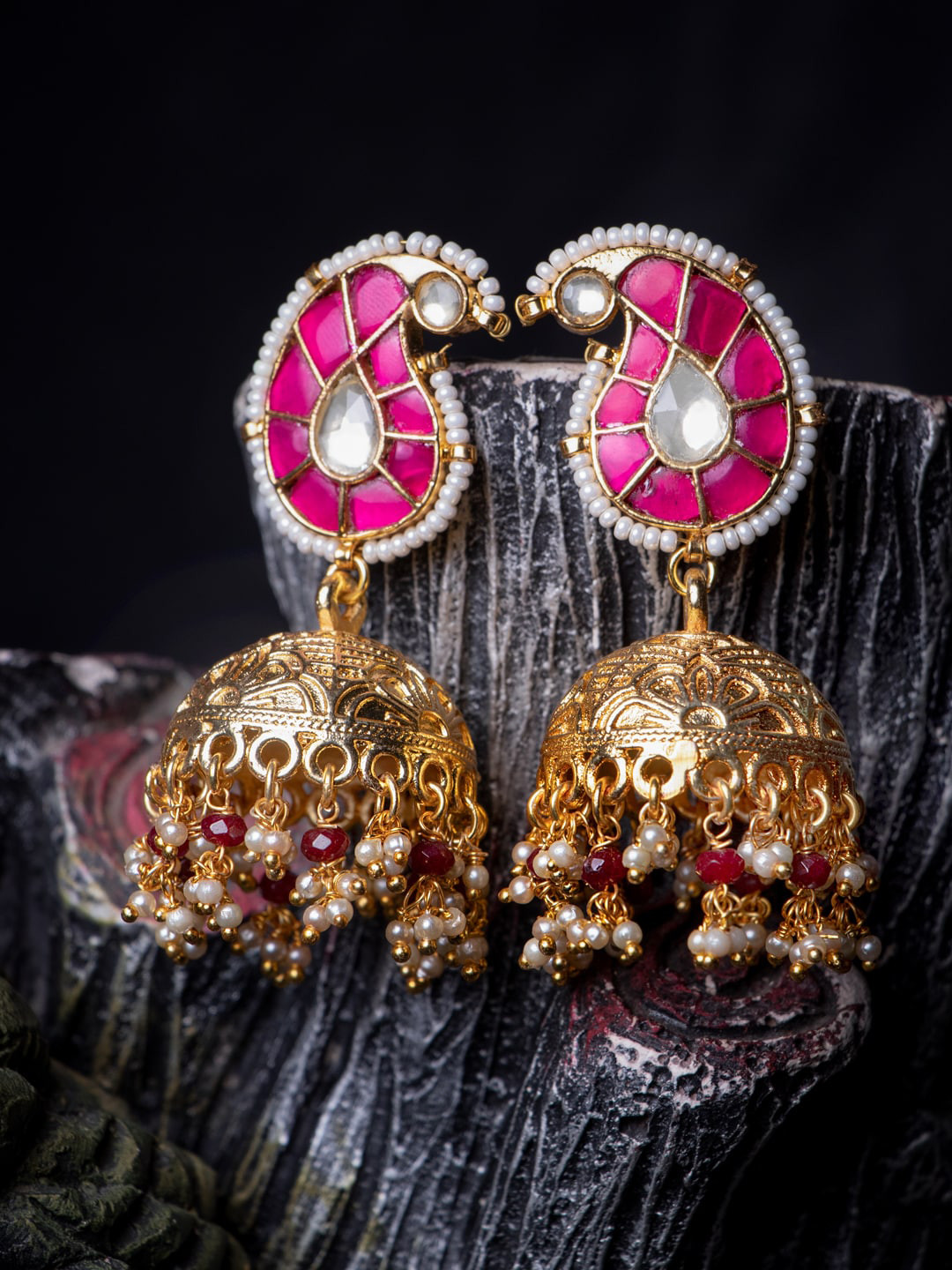 

MORKANTH JEWELLERY Pink & Gold-Toned Paisley Shaped Jhumkas