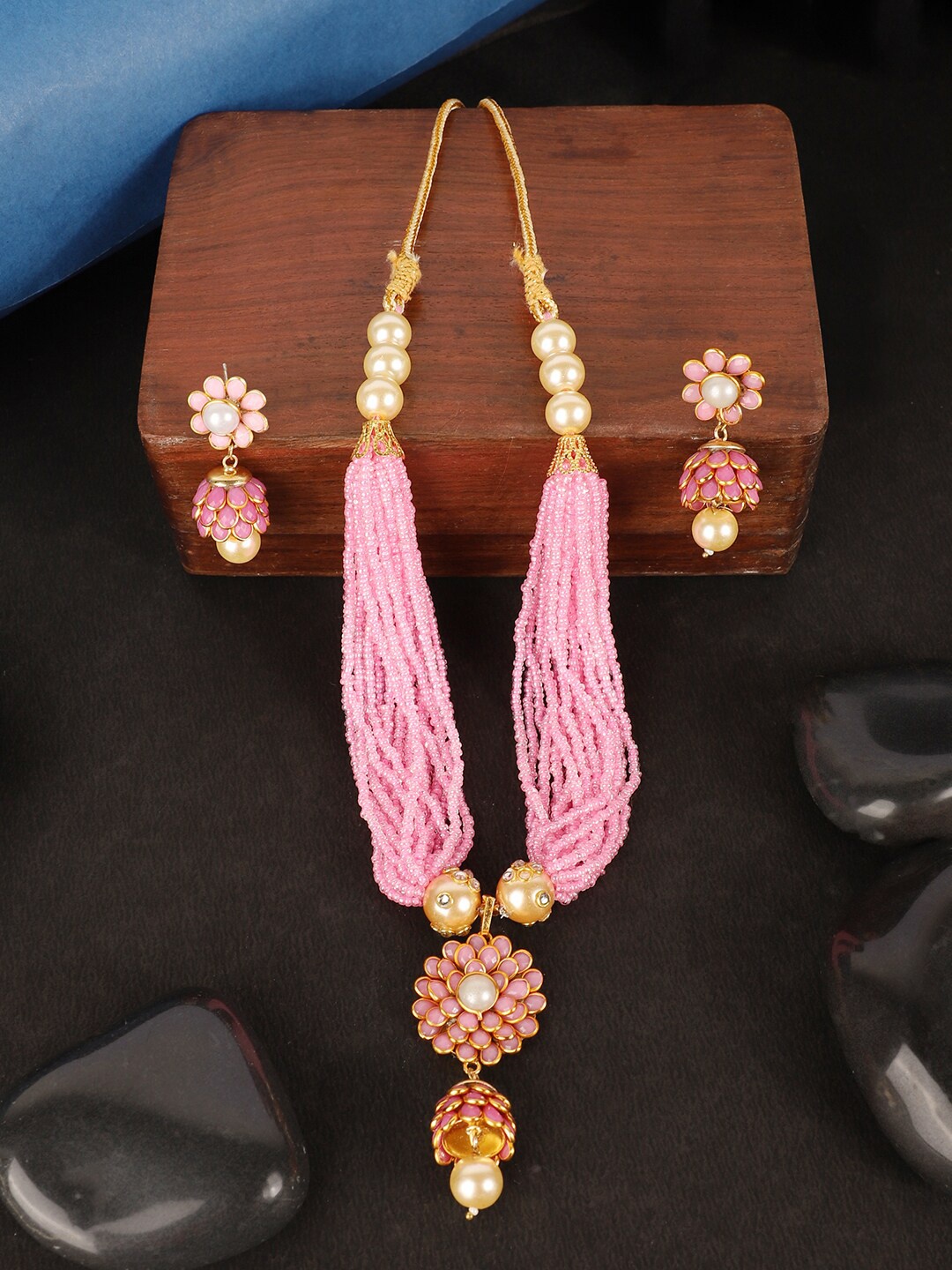 

ANIKAS CREATION Gold-Plated Pink & White Beaded Handcrafted Jewellery Set