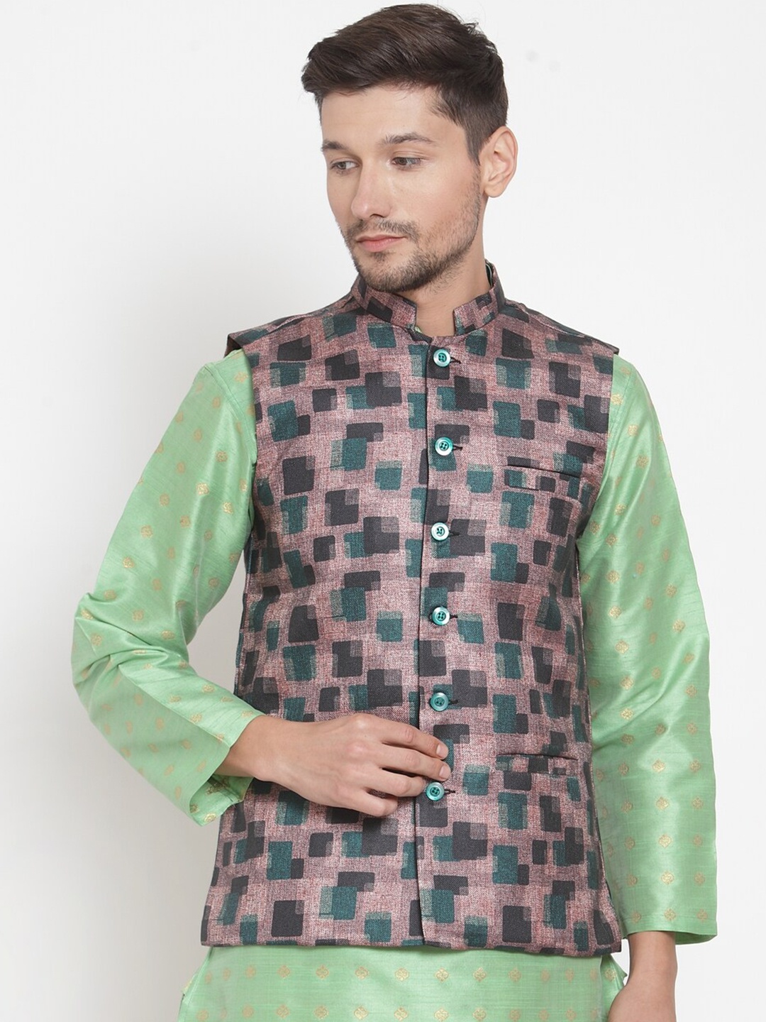

KLOTTHE Men Brown Woven Design Wool Blend Nehru Jacket
