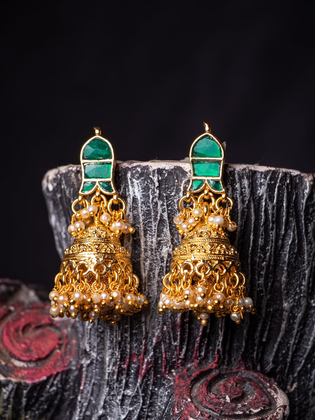 

MORKANTH JEWELLERY 24K Gold-Plated Green Kundan Studded Contemporary Jhumkas