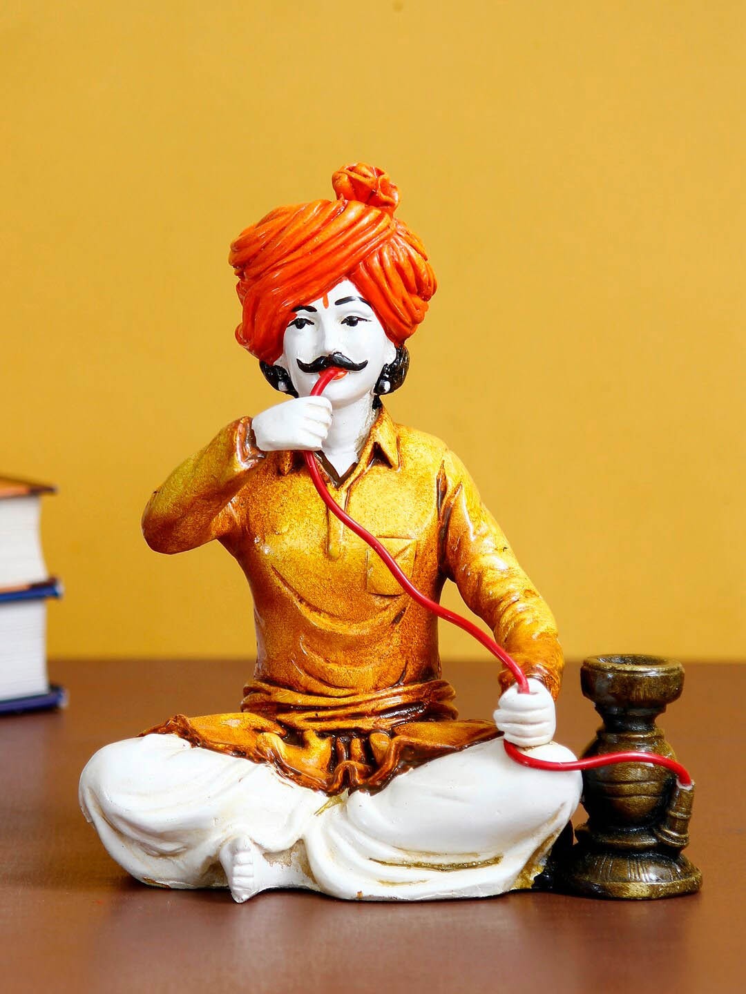 eCraftIndia Yellow & Orange Rajasthani Men Using Hookah Handcrafted Showpiece