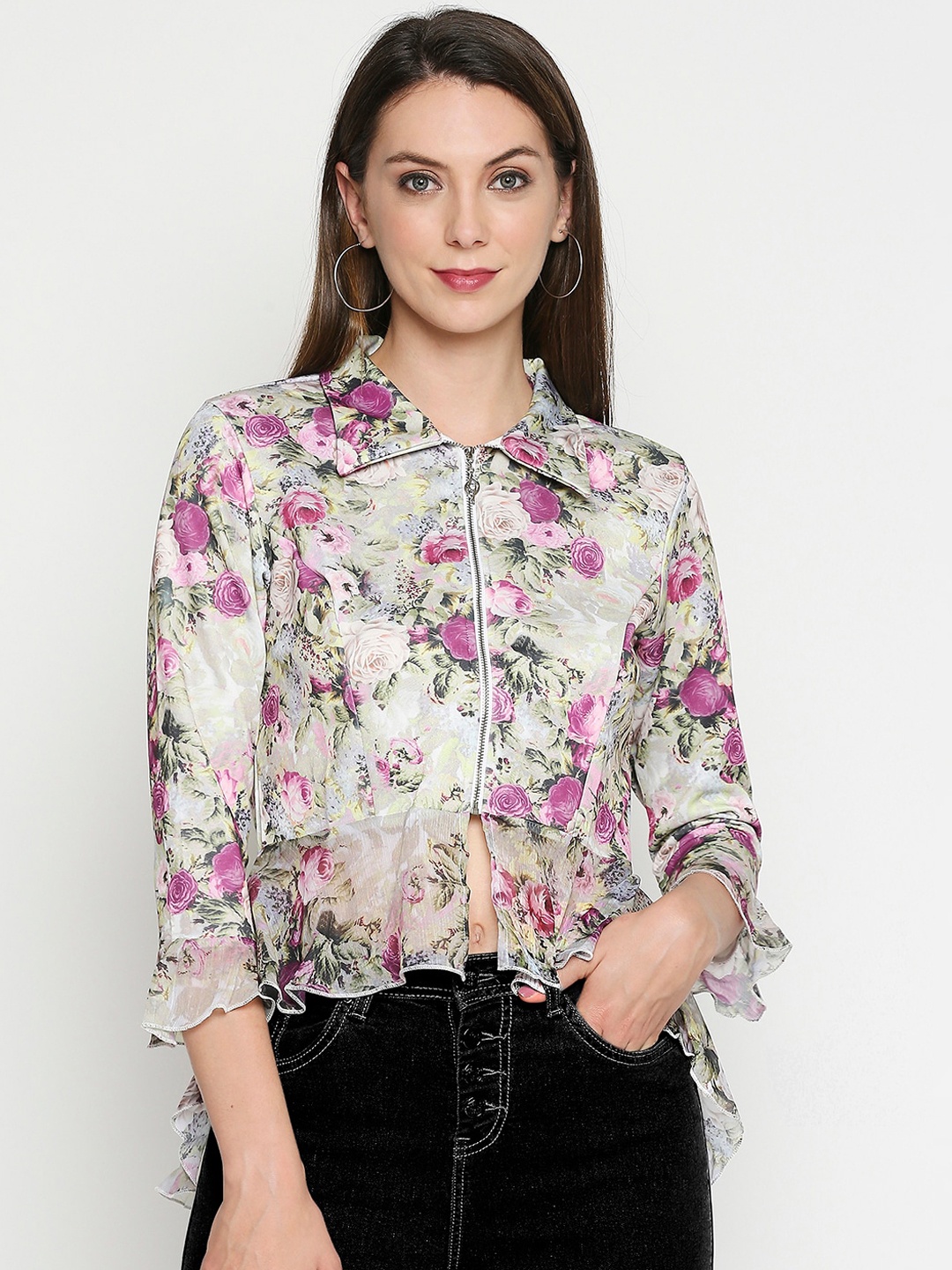 

Ira Soleil Women White & Violet Floral Printed Shirt Style Crop Top