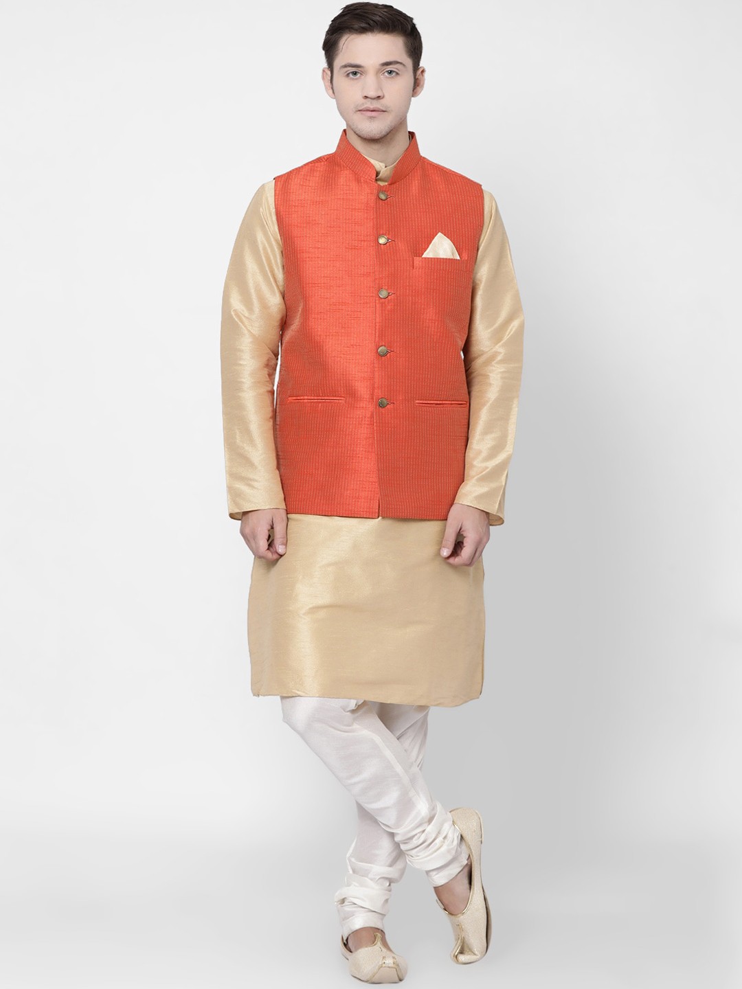 

TABARD Men Beige & White Solid Kurta with Churidar & Jacket