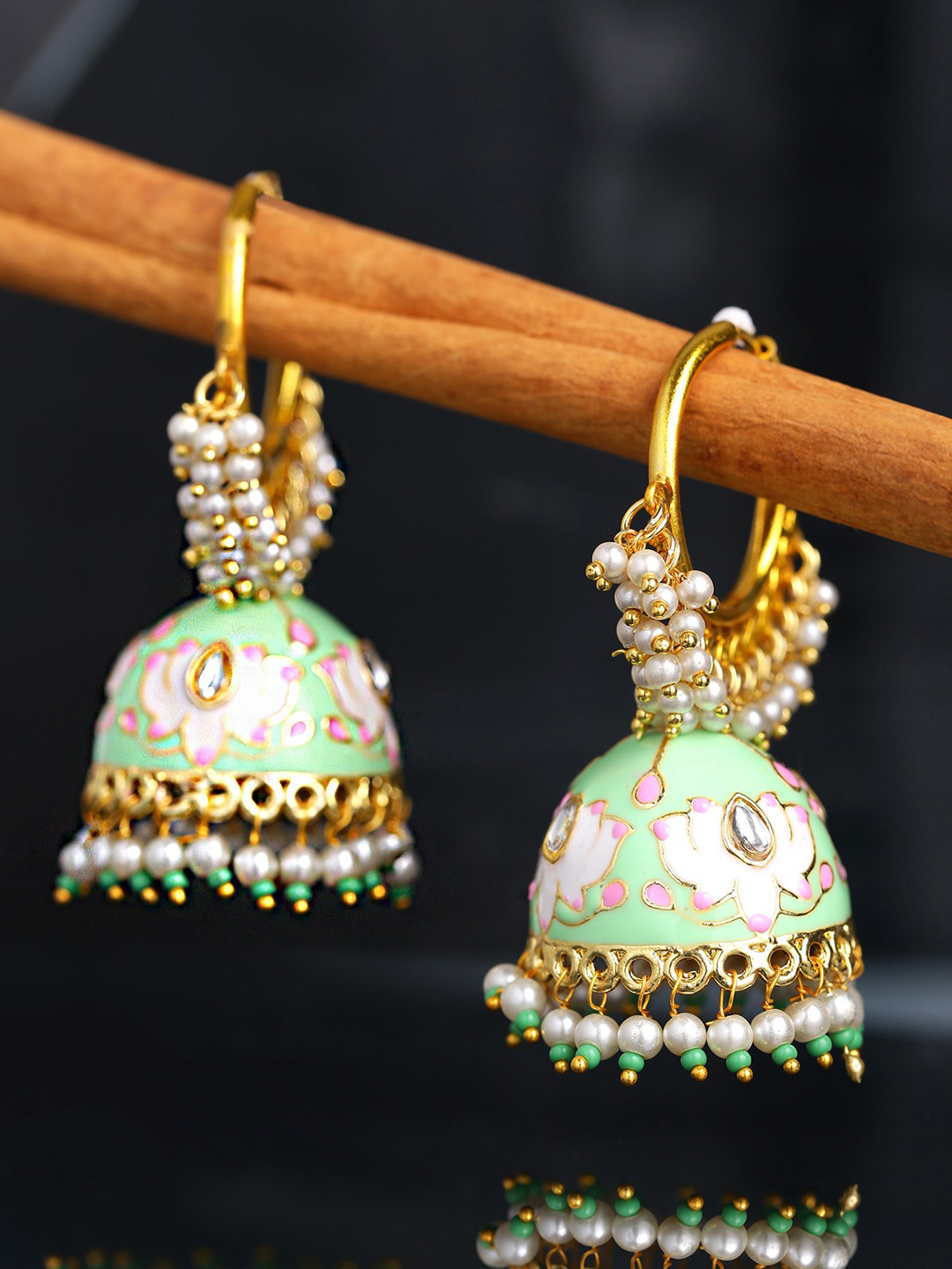 

Yellow Chimes Green & White Dome Shaped Meenakari Jhumkas